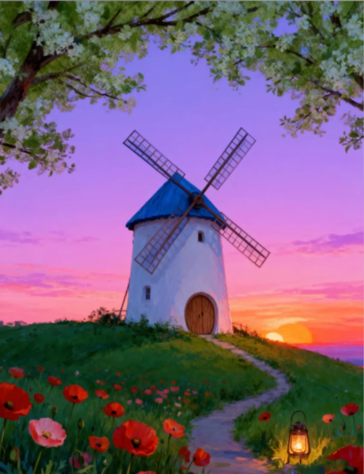 Stithej Pre-Printed Cross Stitch Kit Sunset Windmill 11CT for Beginners