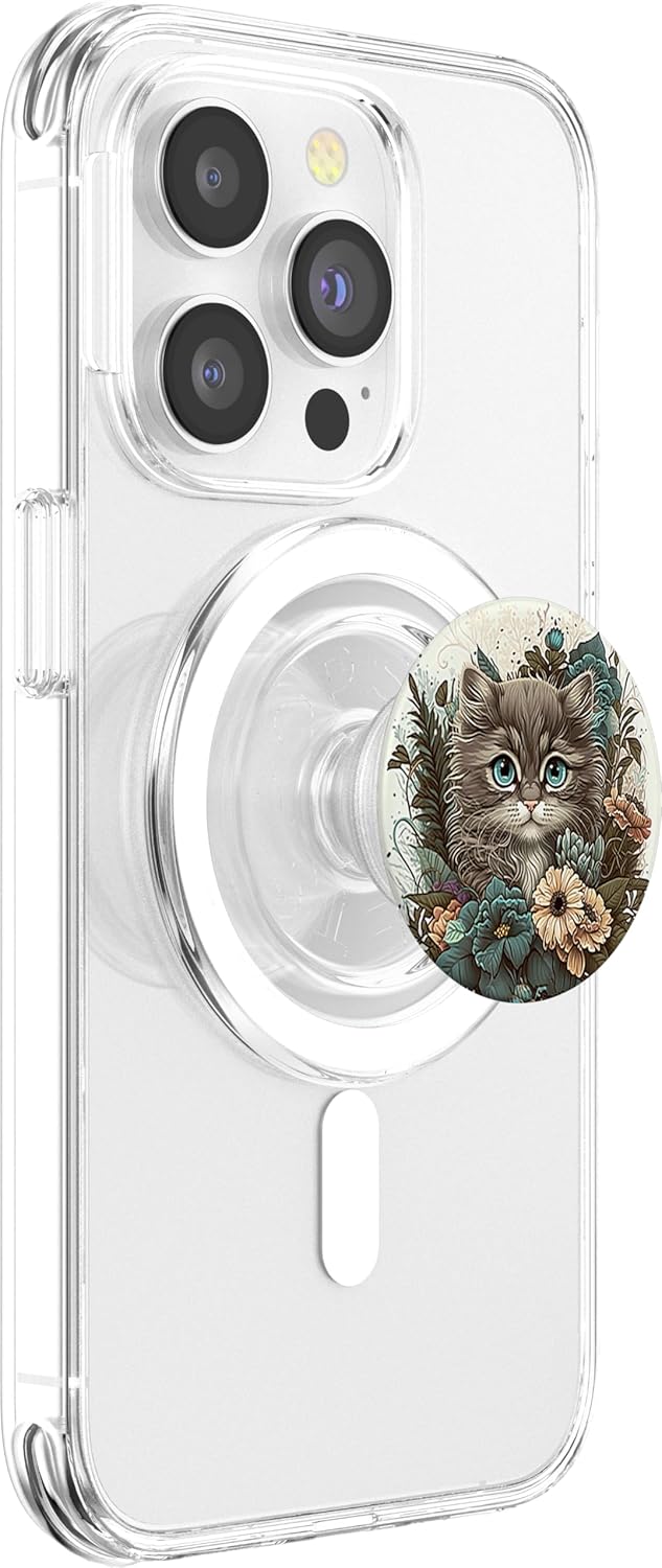 Cute Little Cat Grey Kitten Kitty in Garden Floral Boho Chic PopSockets MagSafe PopGrip for iPhone