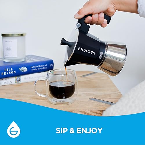 Miniatura 6 de Grosche Milano Máquina de café espresso para estufas de greca, inducción, eléctricas y de gas, apta para lavavajillas, 3 tazas de espresso, negro