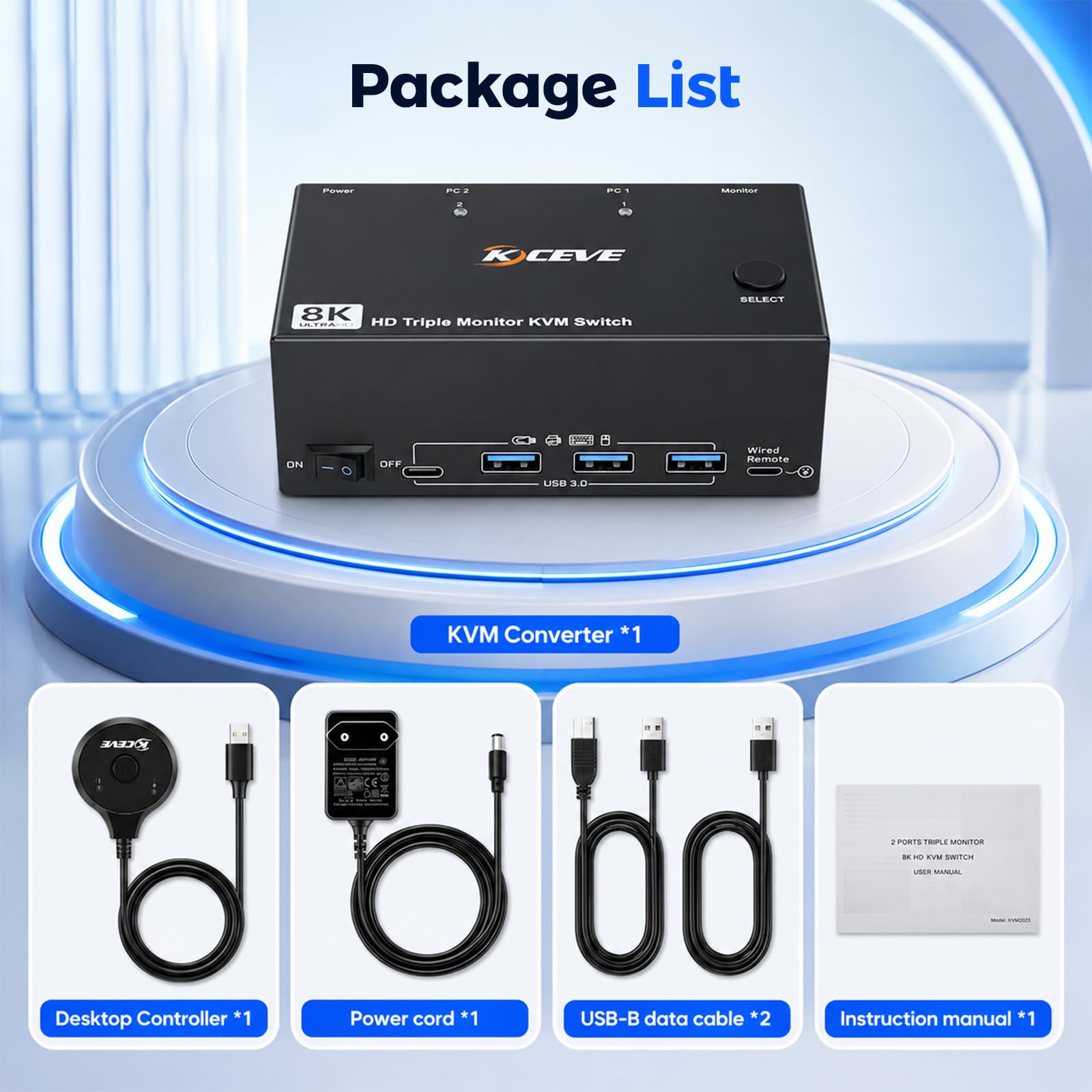KVM Switch 2 PC 3 Moniteur 8K60Hz, Commutateur KVM 3 HDMI avec Contrôleur de Bureau, USB 3.0 pour Deux Ordinateurs, Prend en Charge Mode Étendu et Mode Dupliqué, Adaptateur 12V Inclus