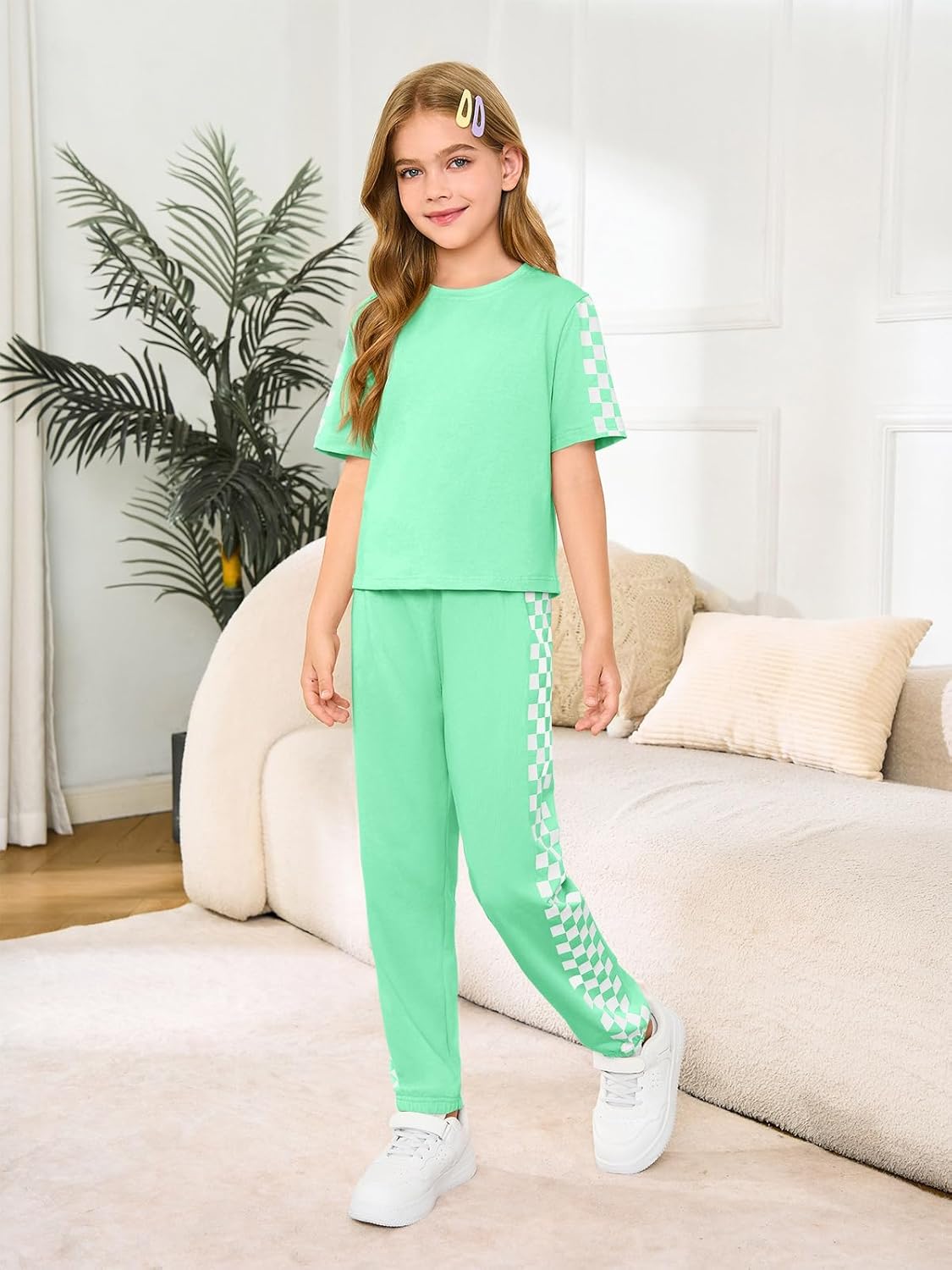 Haloumoning Kids 2 Piece Outfits Girls Summer Plaid Short Sleeve T-Shirts and Pants Set Fashion Clothing Sets Green 9-10 Years image 2 of 6 B0F3WQNYJD