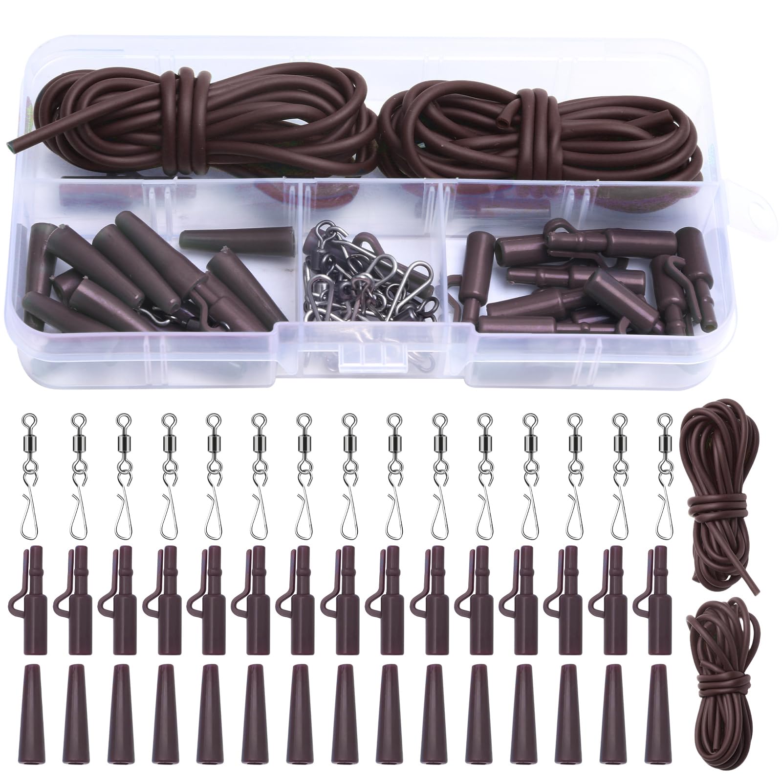 DONQL 47 Pcs Lead Clips Carp Fishing Accessories, Hanging Snap Fishing Line Connector with Clips Anti Tangle Sleeves and Fishing Silicone Rigs Tubes for Fishing Lure to Line Connectors(Brown)