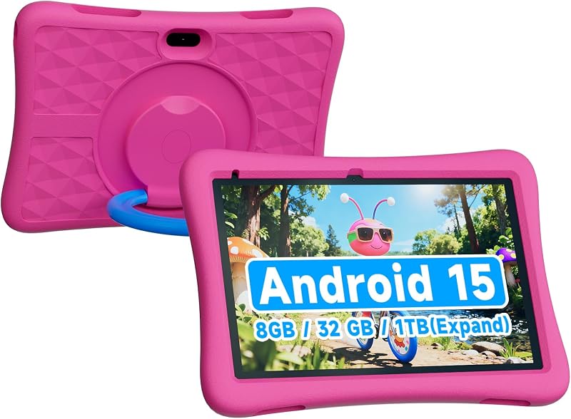 Kids Tablet 10 Inch, Android 15.0, 8GB (3+5 Extended) RAM, 32GB ROM (Expandable to 1TB), Dual Camera, 6000mAh, Preloaded with Kid-Friendly Apps, Tablet with Case,Android Tablets for Kids (Pink)