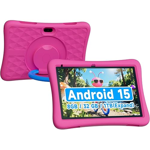 ZZB Kids Tablet 10 Inch, Android 15.0, 8GB (3+5 Extended) RAM, 32GB ROM (Expandable to 1TB), Dual Camera, 6000mAh, Preloaded with Kid-Friendly Apps, Tablet with Case,Android Tablets for Kids (Pink)