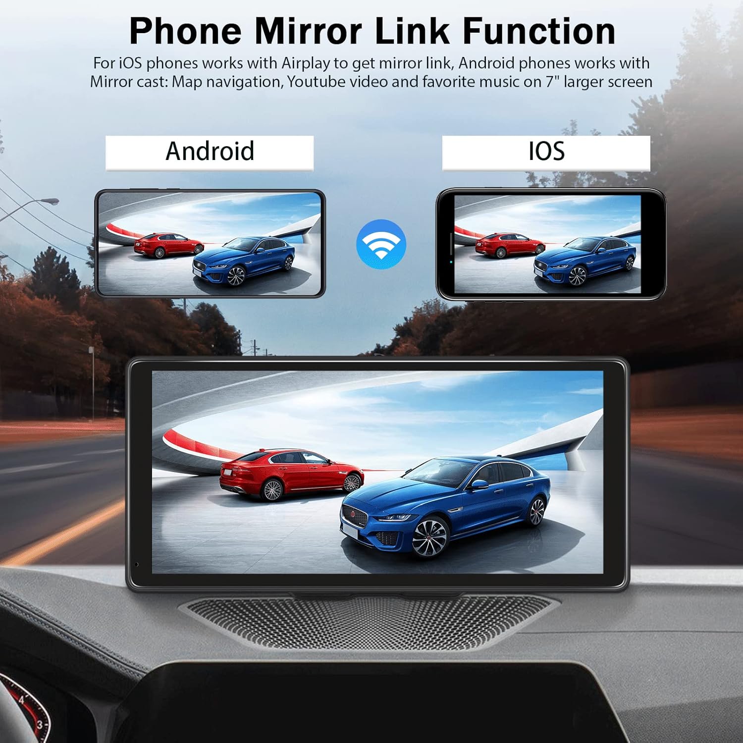 Image showing the UNITOPSCI car stereo displaying the Apple CarPlay interface with various app icons, demonstrating wireless connectivity.