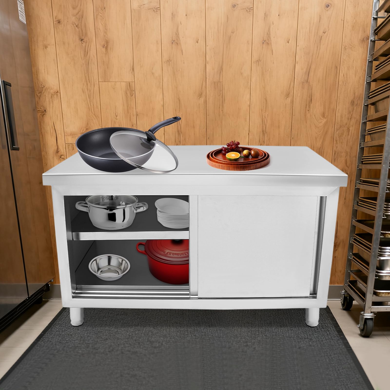 Komercyjny stół roboczy ze stali nierdzewnej z drzwiami przesuwnymi, 120 x 50 cm, wytrzymała szafka kuchenna do gastronomii, przemysłu i warsztatu, wszechstronny stół do przygotowania i