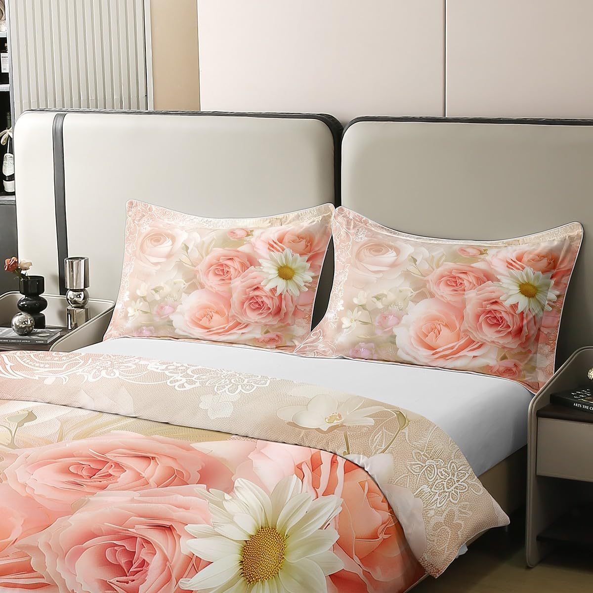 Erosebridal Pink Watercolor Floral Bedding Set Queen French Romantic Rose 100% Cotton Duvet Cover Vintage Classic Flowers Comforter Cover for Kids Girls Teen Adults Dreamy Aesthetic Fashion Bed Set