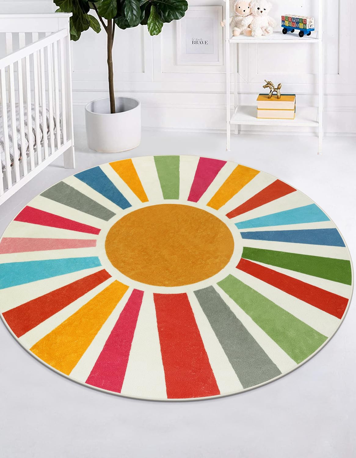 STARUIA Boho Washable Rug 5 Ft Round Area Rug for Bedroom, Rainbow Circle Kids Rugs for Office, Non-Slip Circluar Carpet Soft Sunshine Rugs for Dorm