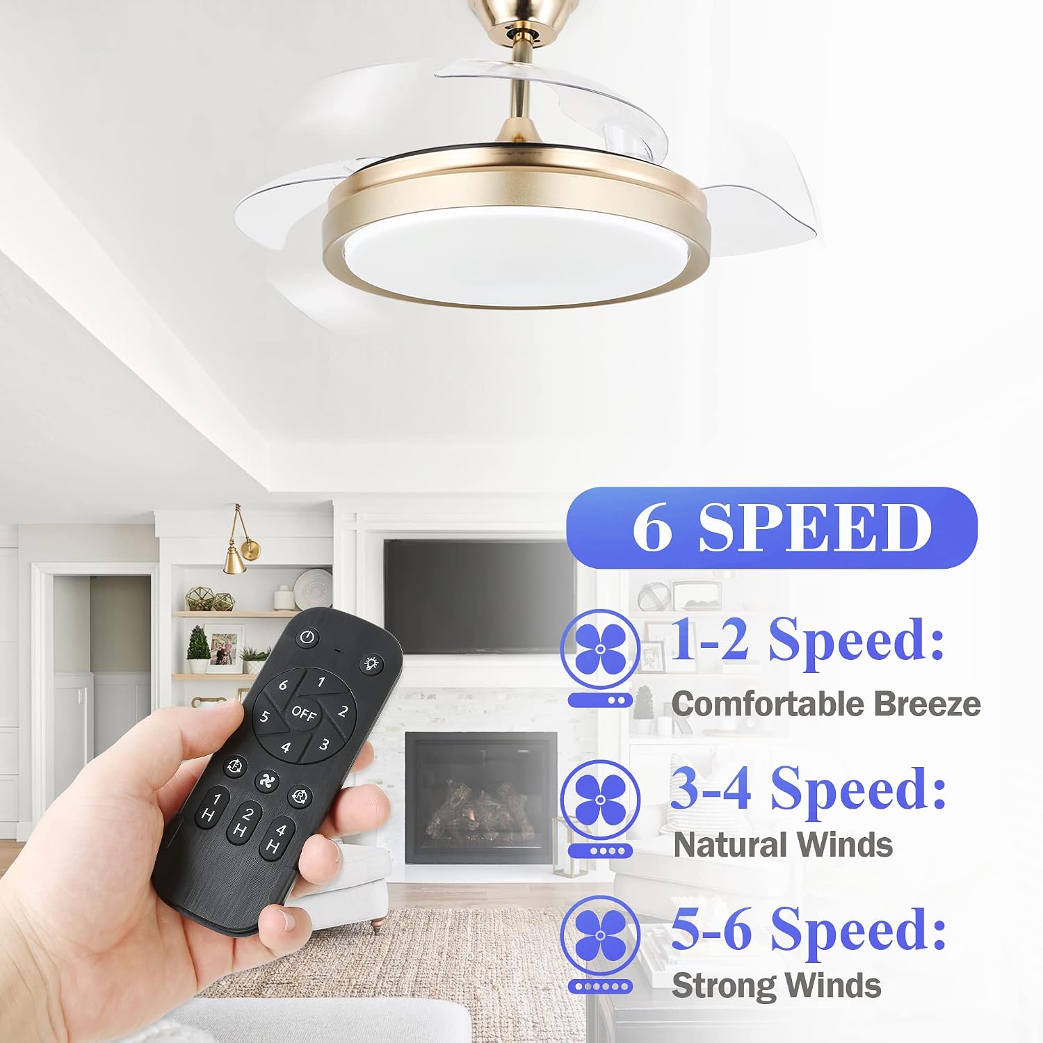 Bella Depot Retractable Ceiling Fan with Lights and Remote, 42" Retractable Fan Ceiling Light, 6-Speed DC Motor, Reversible Blades, Remote Control, Timing Option, Silent Noiseless (Gold)