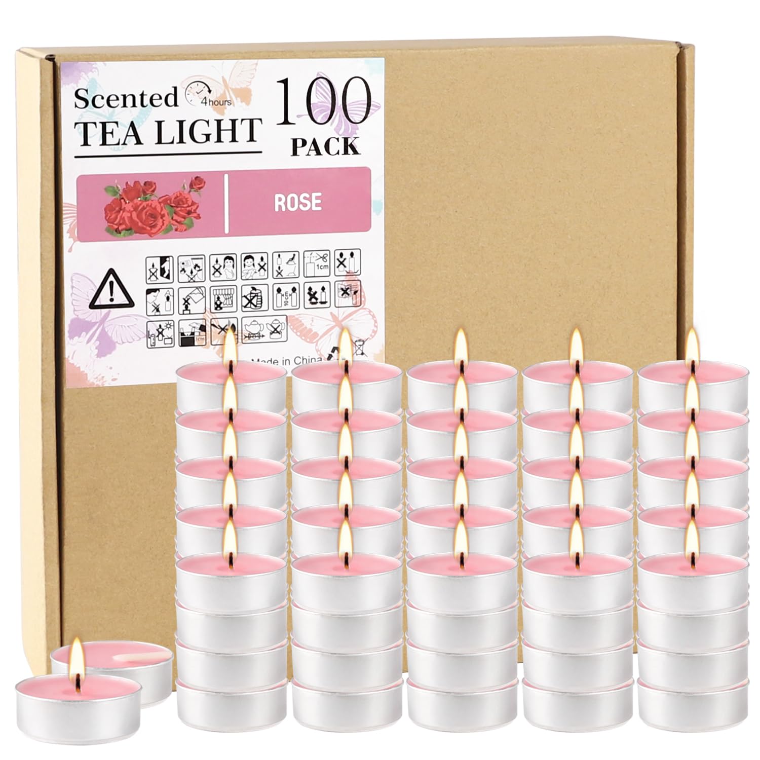 Pink Rose Scented Tealight Candles -Giant 100 Pack Votive Candles Bulk - Smokeless Tea Light Candle Gift Set for Valentine's Day,Holiday, Wedding and