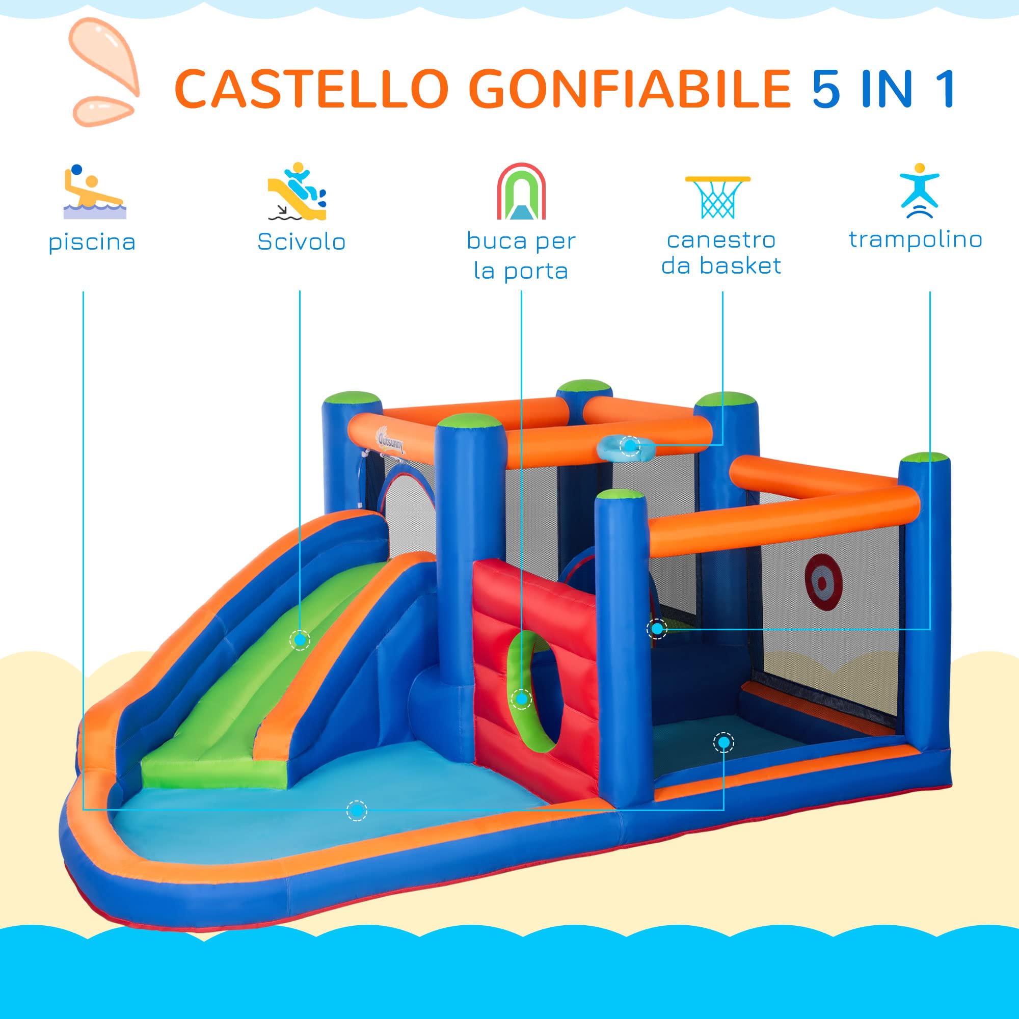 Outsunny Castello Gonfiabile per Bambini 3-8 Anni con Scivolo, 380x340x170cm