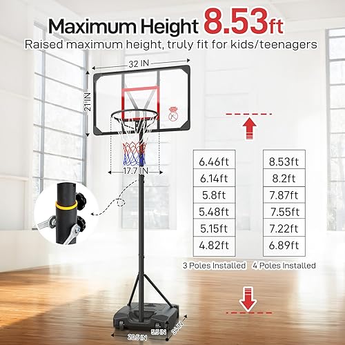 Miniatura 2 de Kids Basketball Hoop Outdoor 4.82-8.53ft Adjustable, Portable Basketball Hoops & Goals for Kids/Teenagers/Youth in Backyard/Driveway/Indoor, with