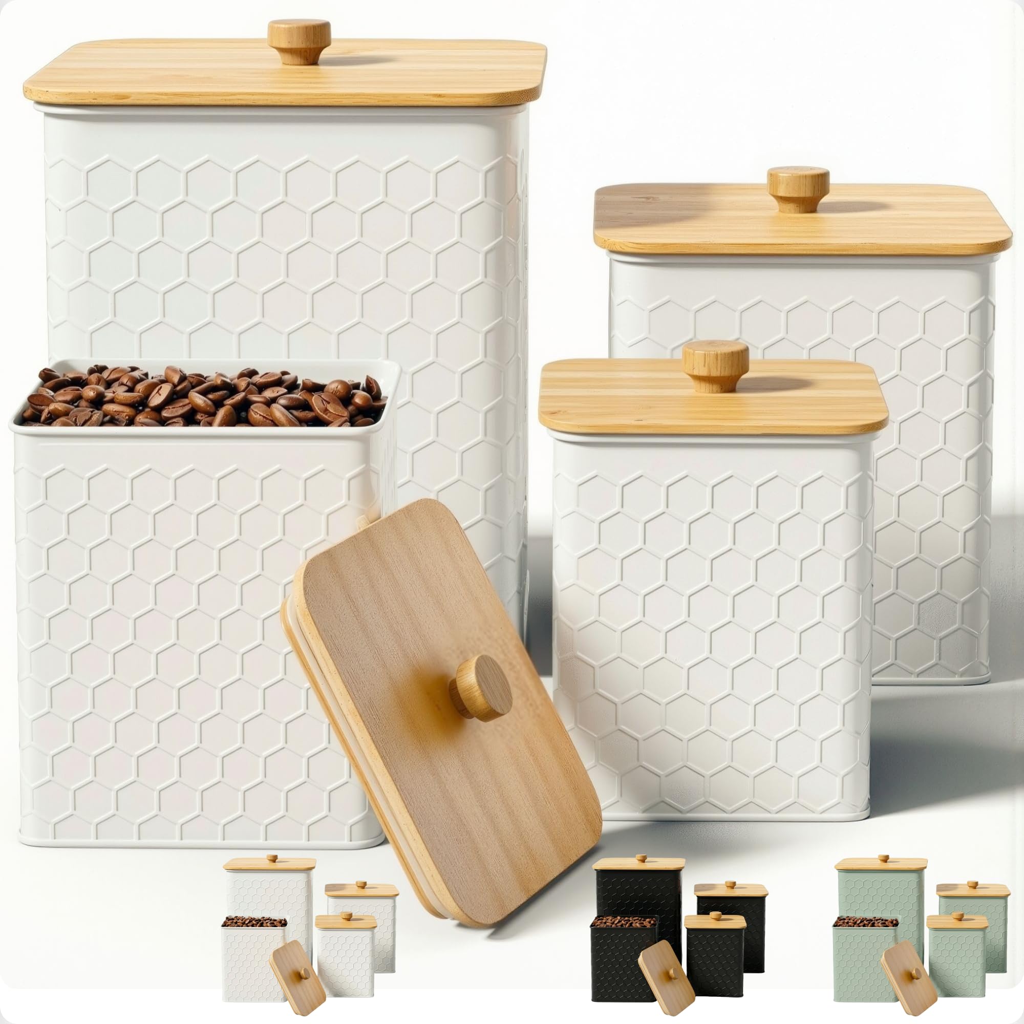 Kitchen Canisters for Countertop Set of 4 w/Airtight Easy Open Bamboo Lids