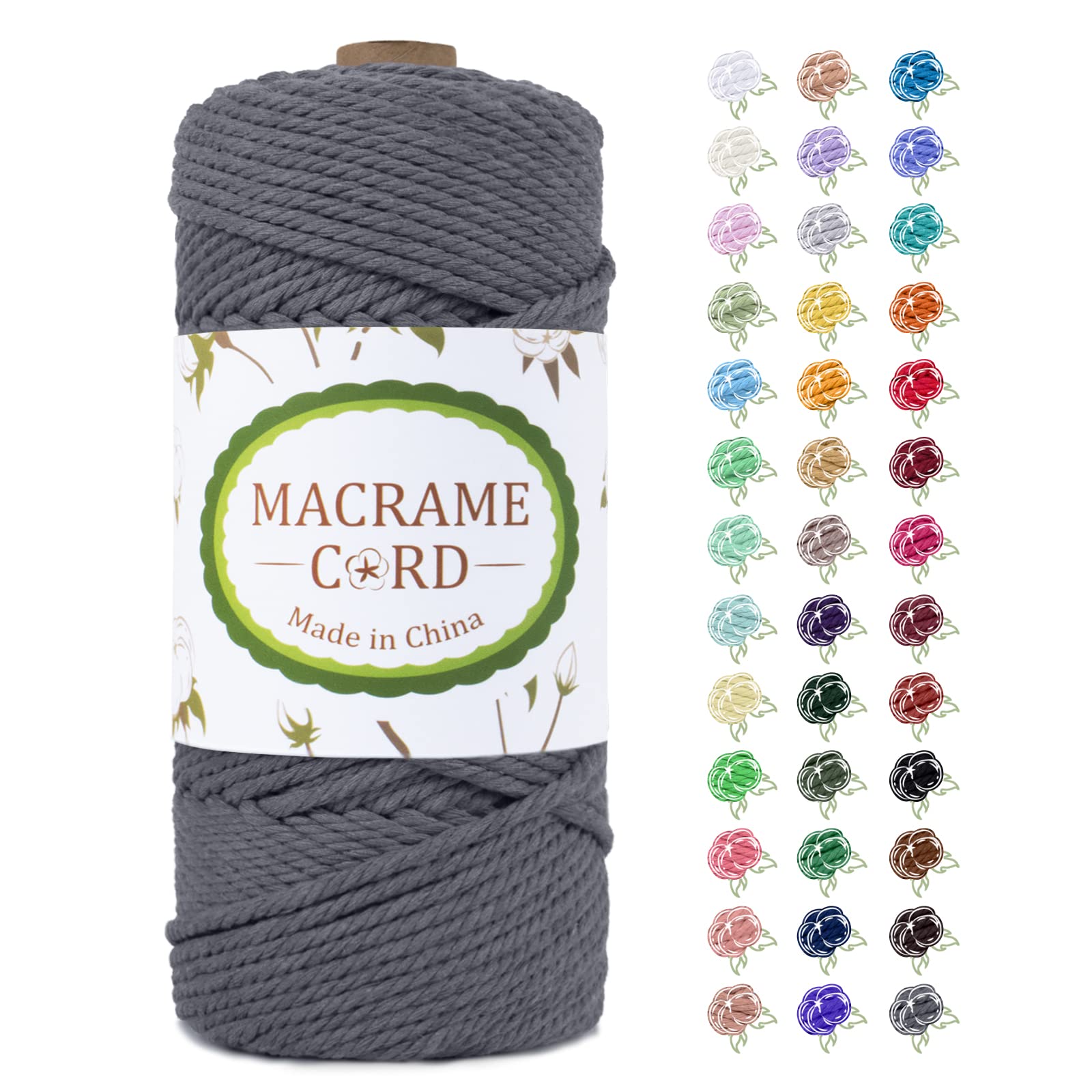 LEREATI Macrame Cord 4mm x 100m, Thick Natural Cotton Rope, 4-ply Macrame Yarn for Wall Hanging, Plant Hangers, DIY Craft, Knitting, Decorative Projects (Grey)