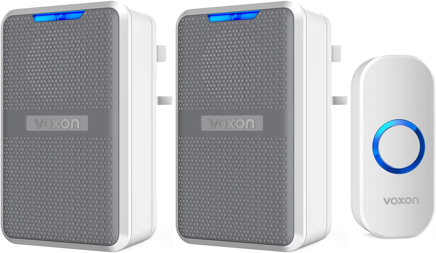 VOXON Wireless Doorbell, Twin Waterproof Wall Plug-in Cordless Door Chime IP44 Kit With CD Quality Sound and Blue LED Flash 58 Melodies to Choose-Grey