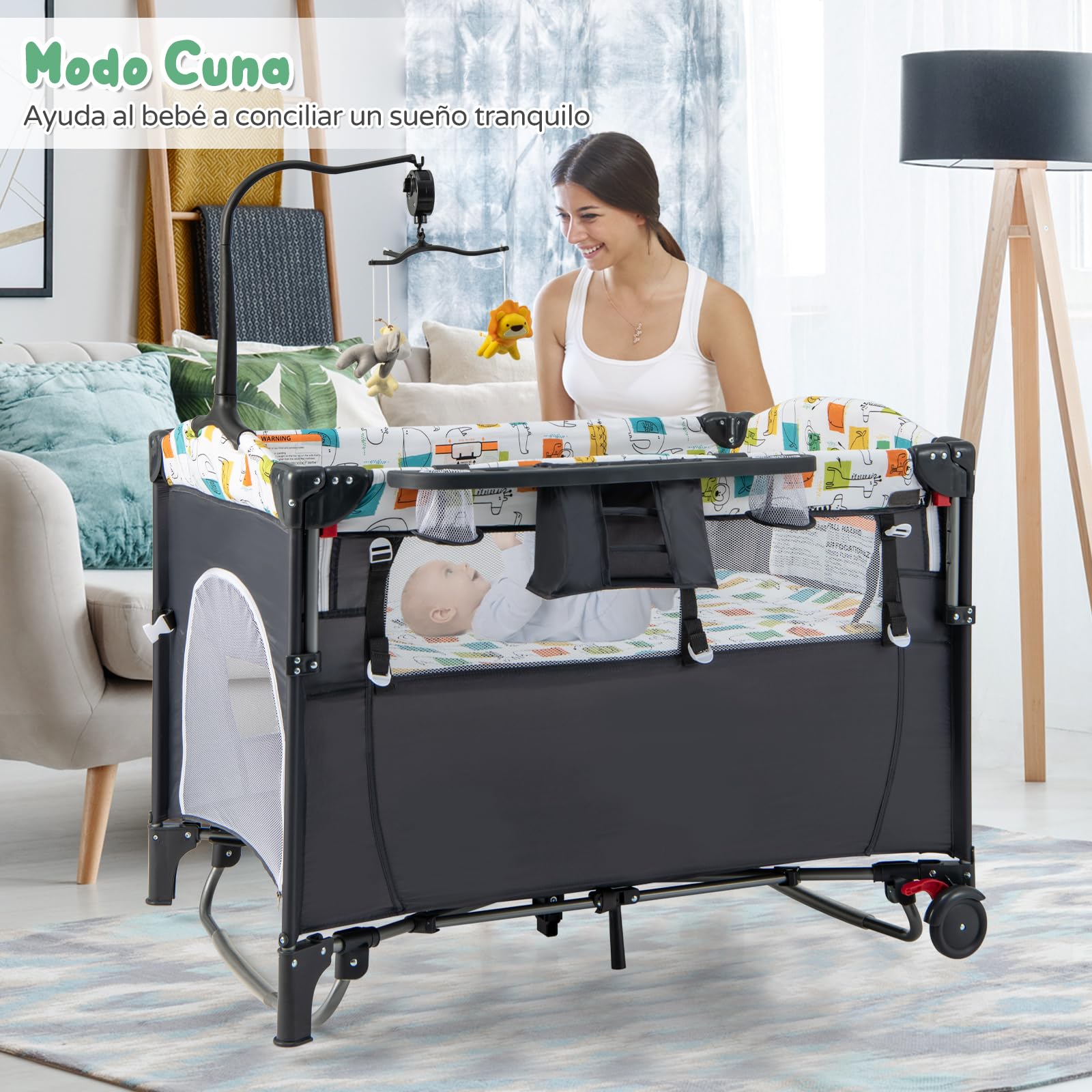 RELAX4LIFE 5 en 1 Cuna Bebé con Colchón, Cambiador, Juguete Colgante, Ruedas Bloqueables y Altura Ajustable en 4 Niveles, Cuna de Viaje para Niños 0-36 Meses (Gris)