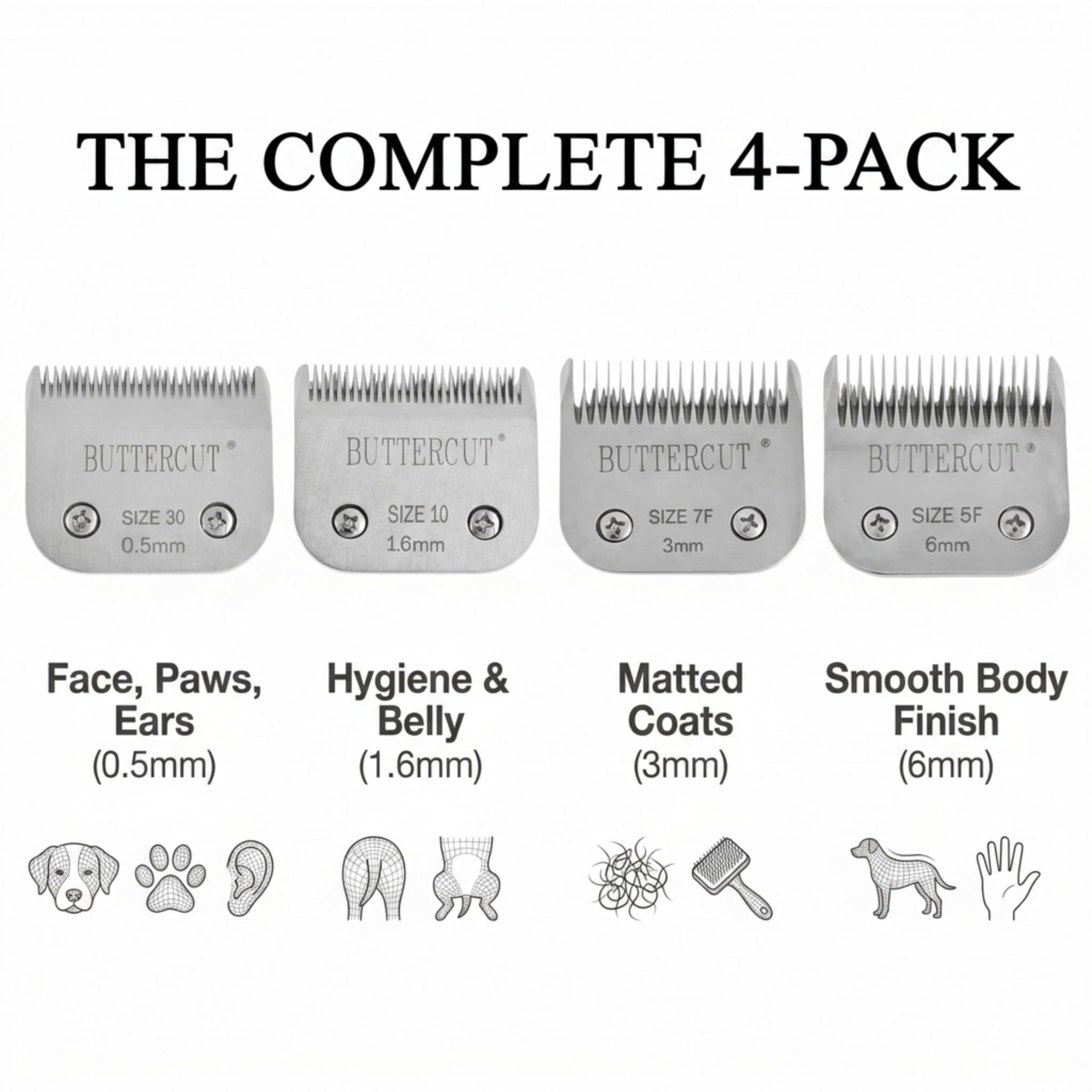 Geib Buttercut - Cuchilla de repuesto desmontable para cortapelos para perros, paquete de 4, tamaños #30, #10, 5F, 7F, bordes afilados de acero inoxidable, compatibles con Andis A5, Oster A5, Wahl