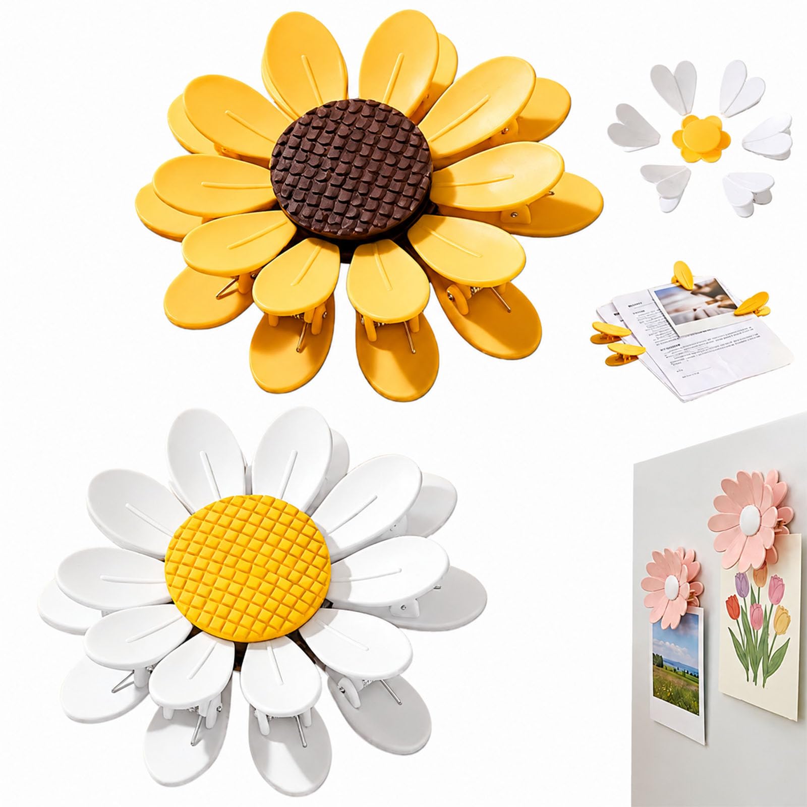 Cherry-Shaped Magnetic Food Clip Fridge Magnet, Sunflower-Shaped Magnetic Chip Clips, Flower Food Clips And White Bag Clips Set, Daisy Blossom Bag Clip (D SET)