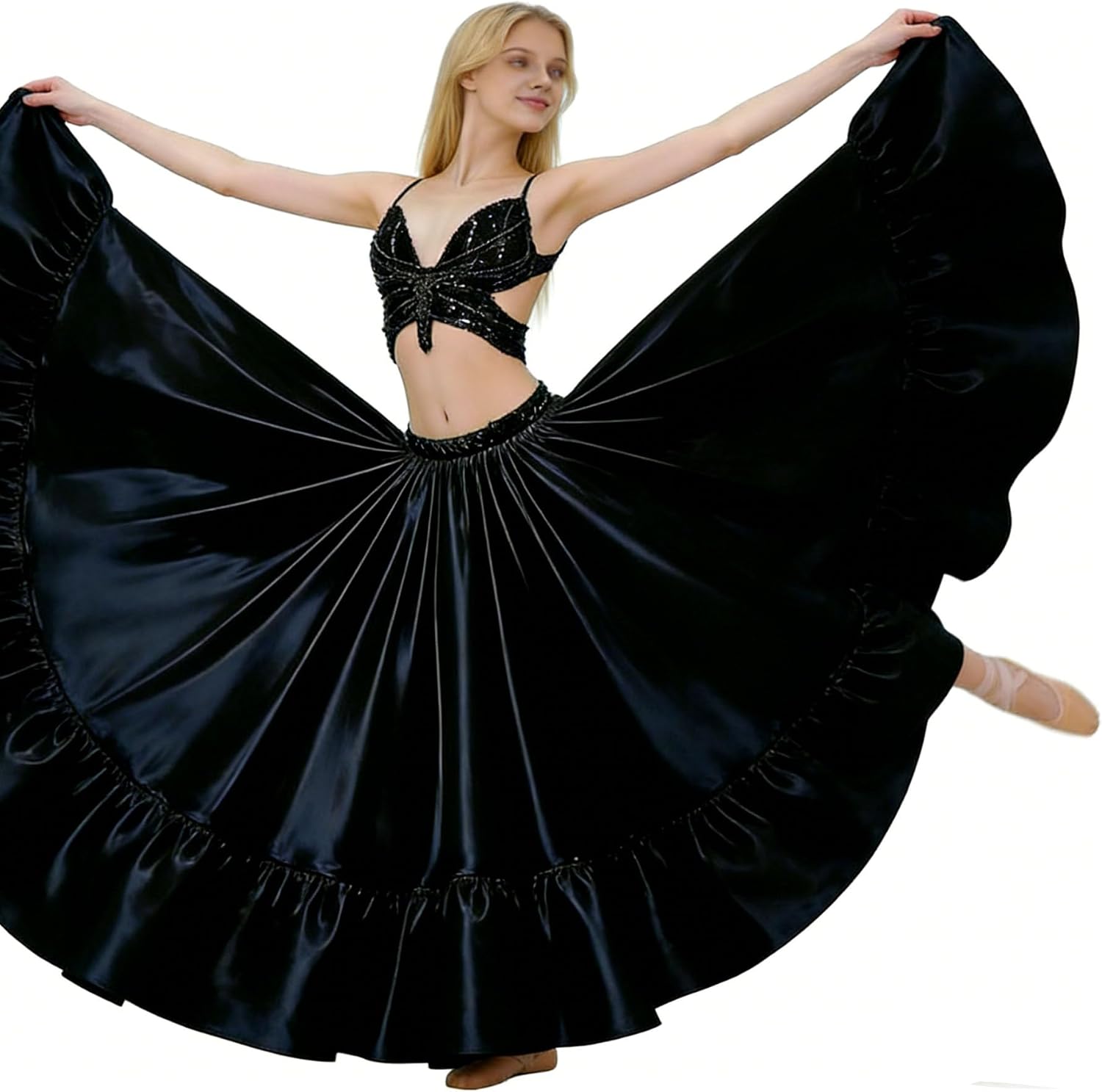 Women Satin Belly Dance Skirts 360 Swing Flowy Maxi Skirts for Stage Performance Cosplay Holiday Party