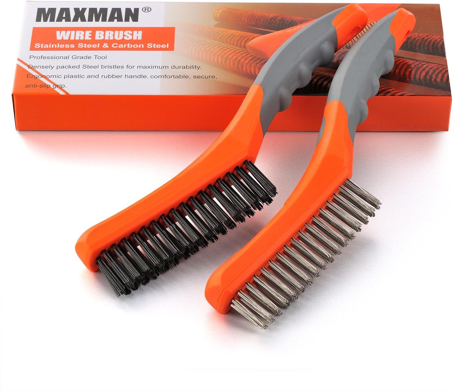 MAXMAN Wire Brush Set, Heavy Duty Stainless Steel and Carbon Steel Wire Brushes for Cleaning Rust, Grill, Dirt, Paint Removal, Welding, Stiff Bristle Metal Brush with 10" Plastic Handle, Large, 2Pcs