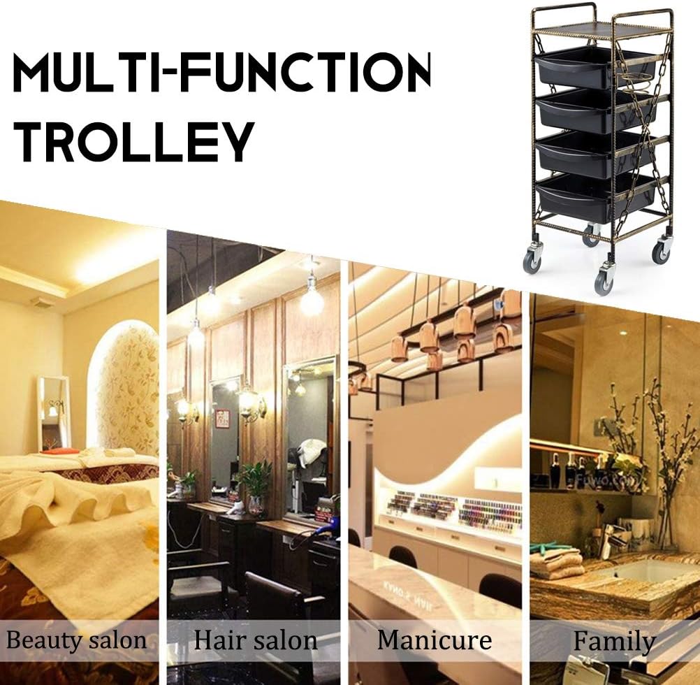 Salon Trolley Retro with 4 Drawers Storage Trolley with Rolling Castors for Beauty Makeup Coloring Spa Tool Storage