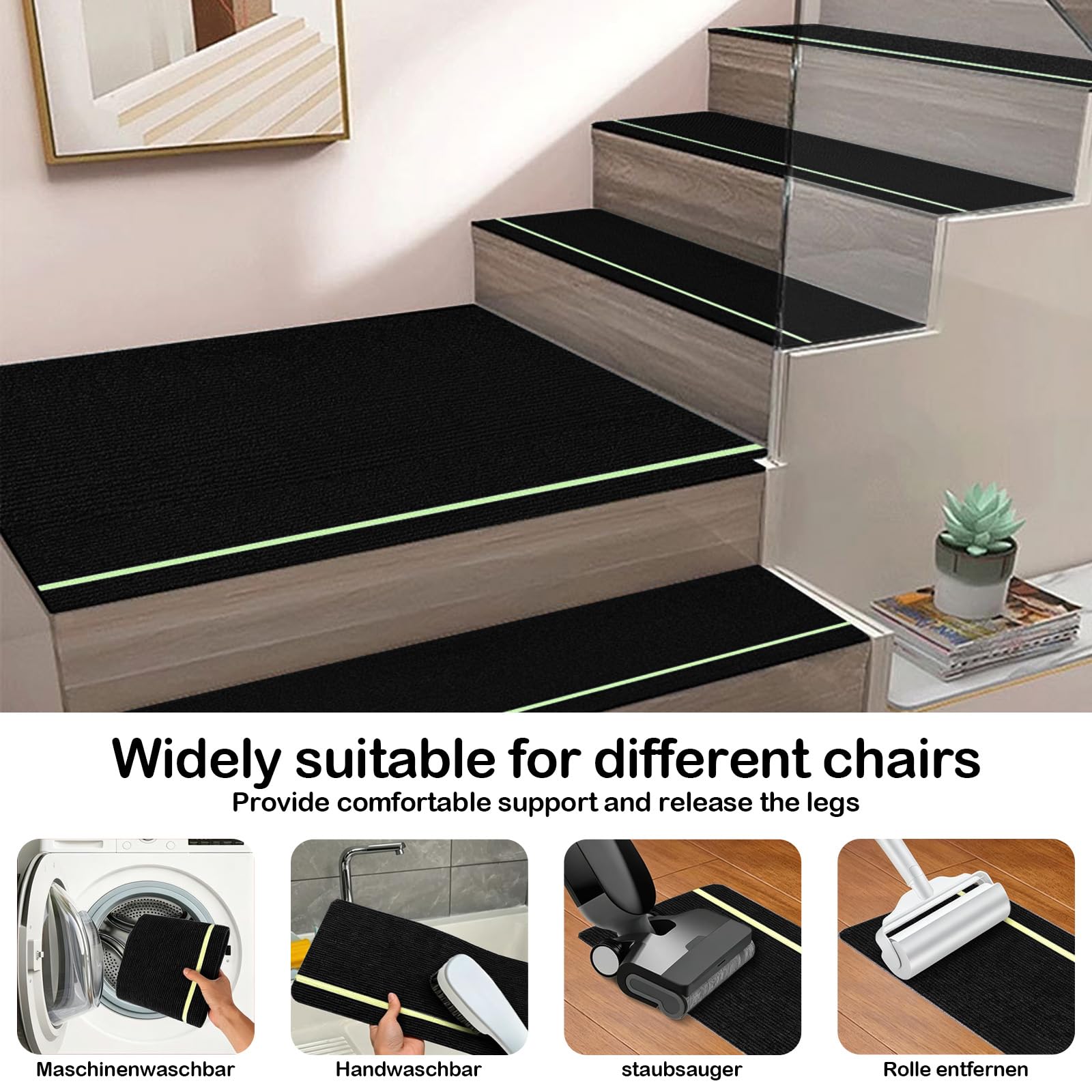 Treppenmatten Selbstklebend 15 Stück 76x20 cm, Stufenmatten Nachtleuchtend mit Glow Streifen rutschfest, Treppenteppich für Holztreppen, Polyester TPE Rückseite (schwarz)