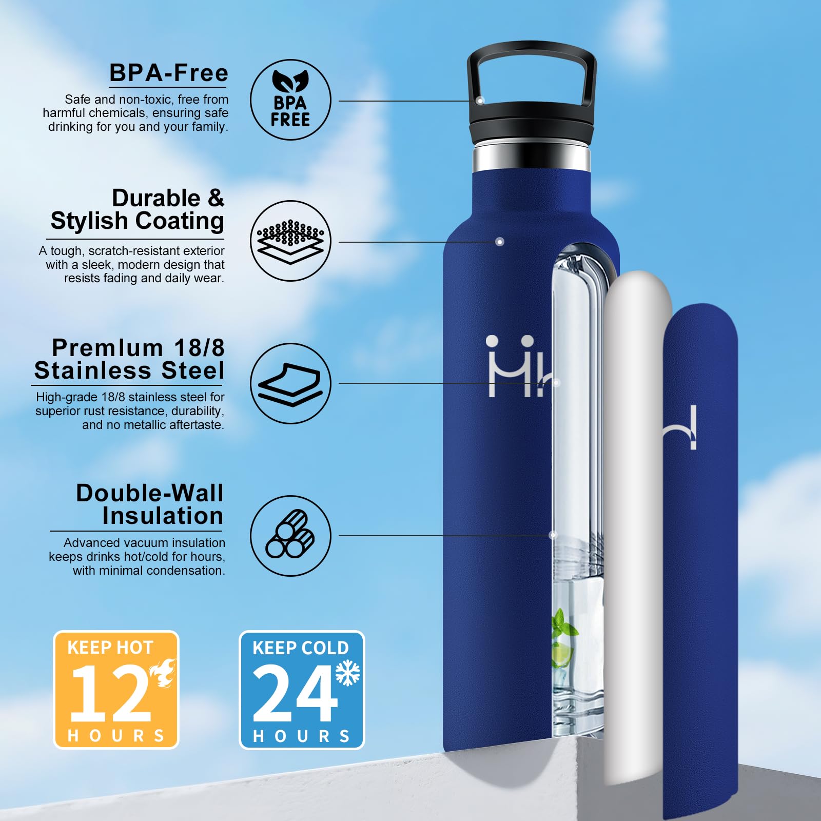 Gourde Isotherme 750ml Acier Inoxydable Bouteille d'Eau sans BPA Réutilisable