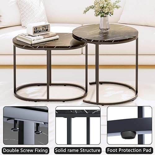 Miniatura 5 de VILAWLENCE Juego de 2 mesas auxiliares redondas modernas de madera de imitación de mármol negro, mesa auxiliar con marco de metal dorado, mesa