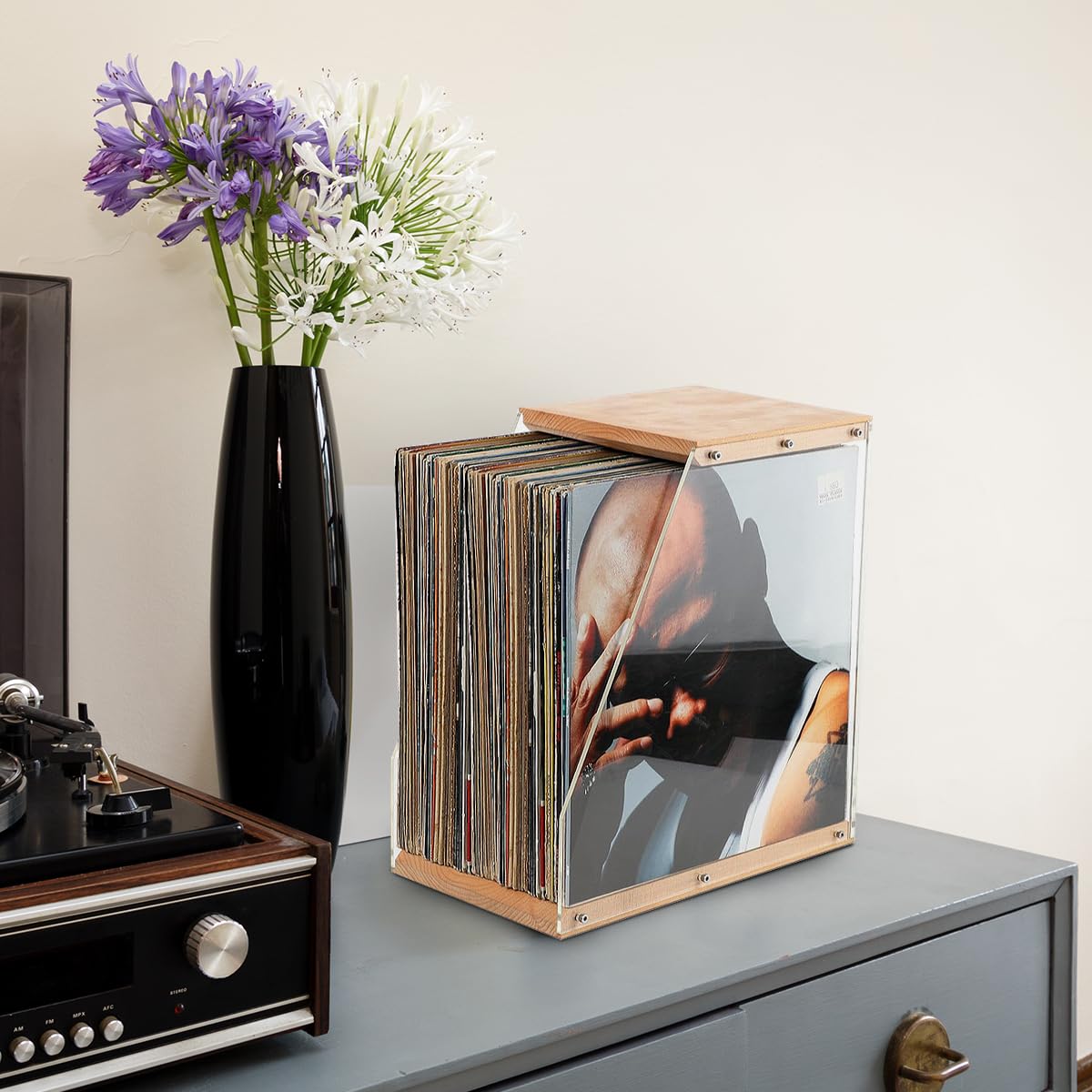 Supporto per dischi in vinile, supporto per dischi in vinile, supporto per dischi in legno massello per display LP, supporto per dischi per decorazione moderna per la casa e l'ufficio