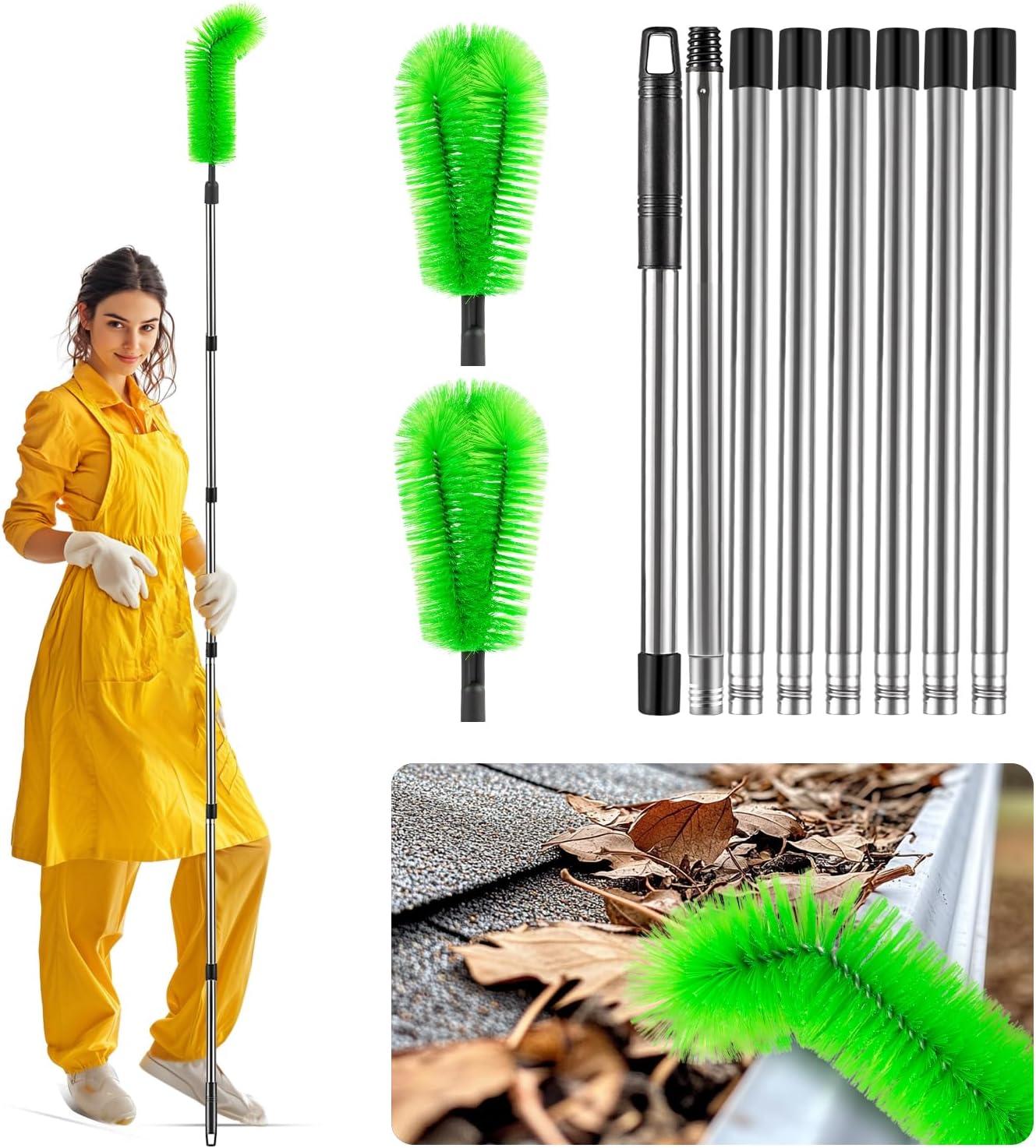 Gutter Cleaning Tools from The Ground, 10.5 FT Adjustable Length Gutter Cleaning Tools, Gutter Cleaner Ability to Easily Clear roof Leaves and Debris (Green)