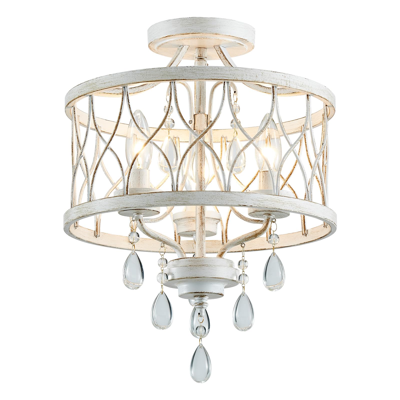 WUZUPS lámpara 3-luz vintage granja industrial Semi-Flush montaje lámpara de techo luminaria para vestíbulo dormitorio pasillo habitación de almacenamiento, H 40,6 x W 32,5, E14 Base, blanco antiguo
