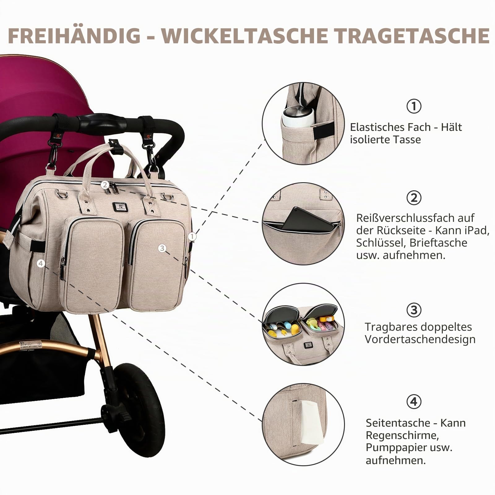 Pomelo Best Wickeltasche mit wasserdicher Wickelunterlage und 2 Kinderwagen Haken verstellbare Schultergurt multifunktionale Umhängetasche Reisetasche für Unterwegs