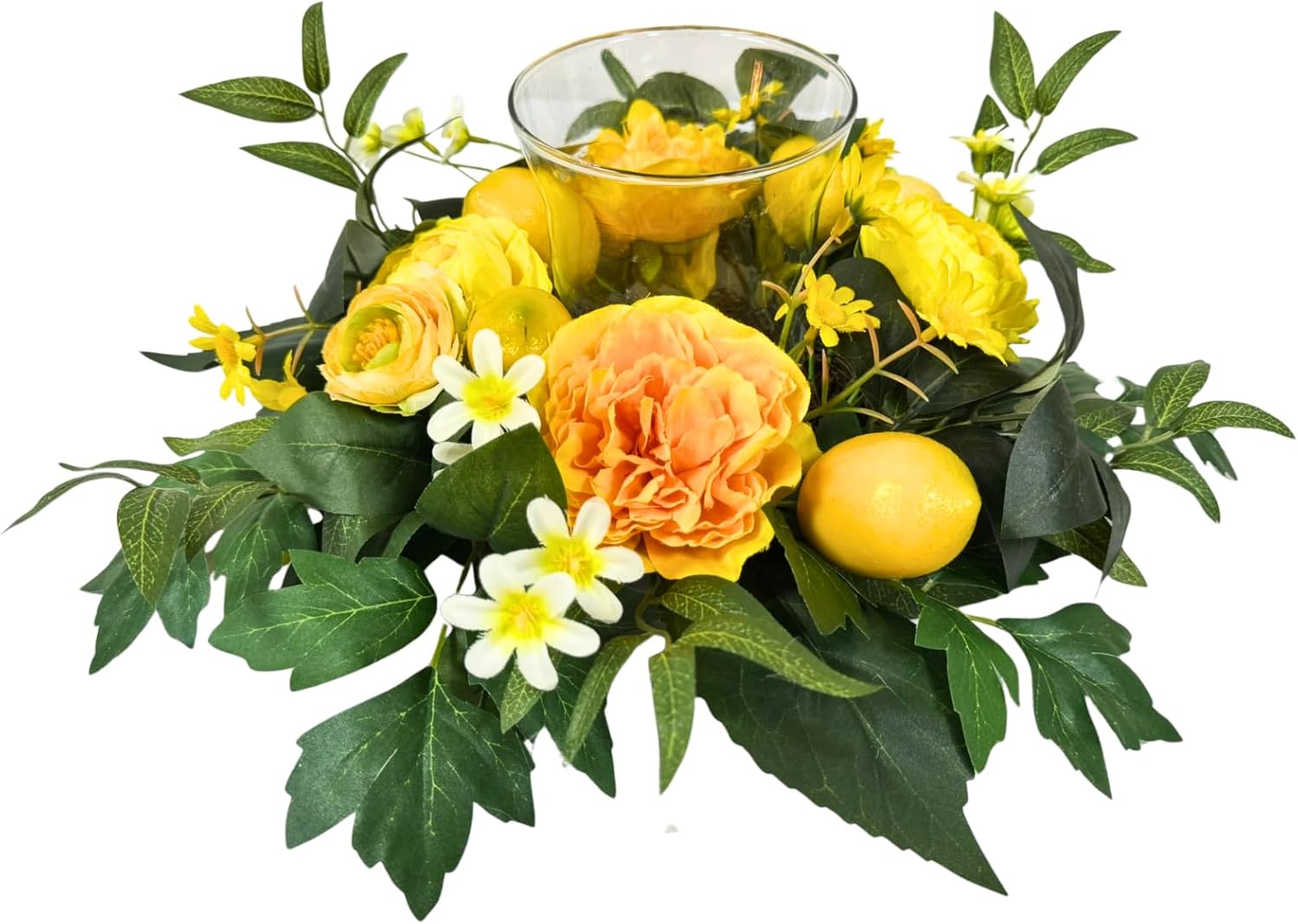 17 Inch Lemon Floral Centerpiece with Glass Hurricane Candle Holder - Artificial Yellow Peony & Spring Summer Wreath Arrangement for Dining Table, Farmhouse Wedding Decor