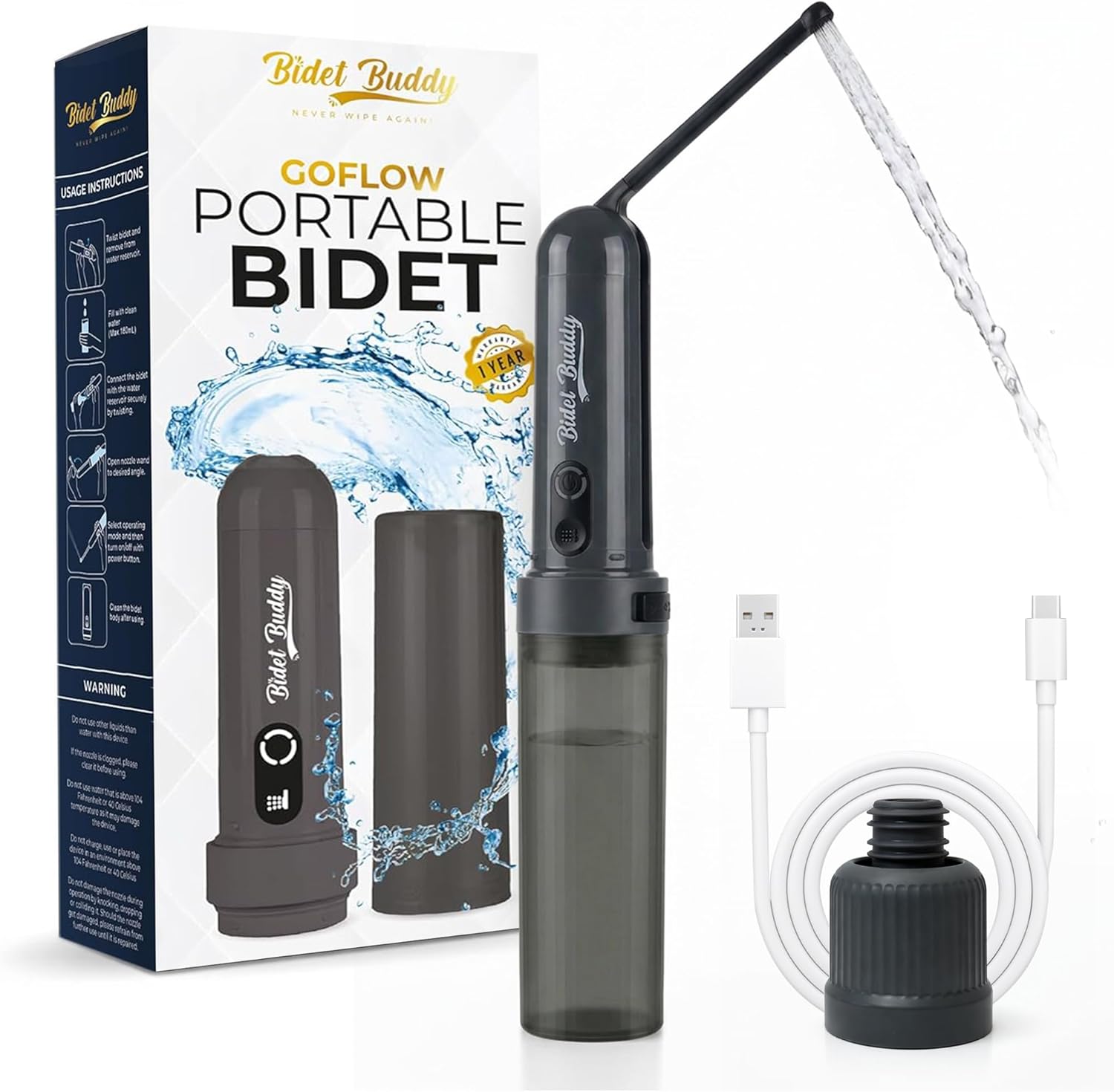BIDET BUDDY® GoFlow Portable Bidet for Travel - 180mL Bottle with Two Power Modes, Nozzle Wand, IPX6 Waterproof, USB C Charging, 800mAh Rechargeable Battery, Medium Pressure