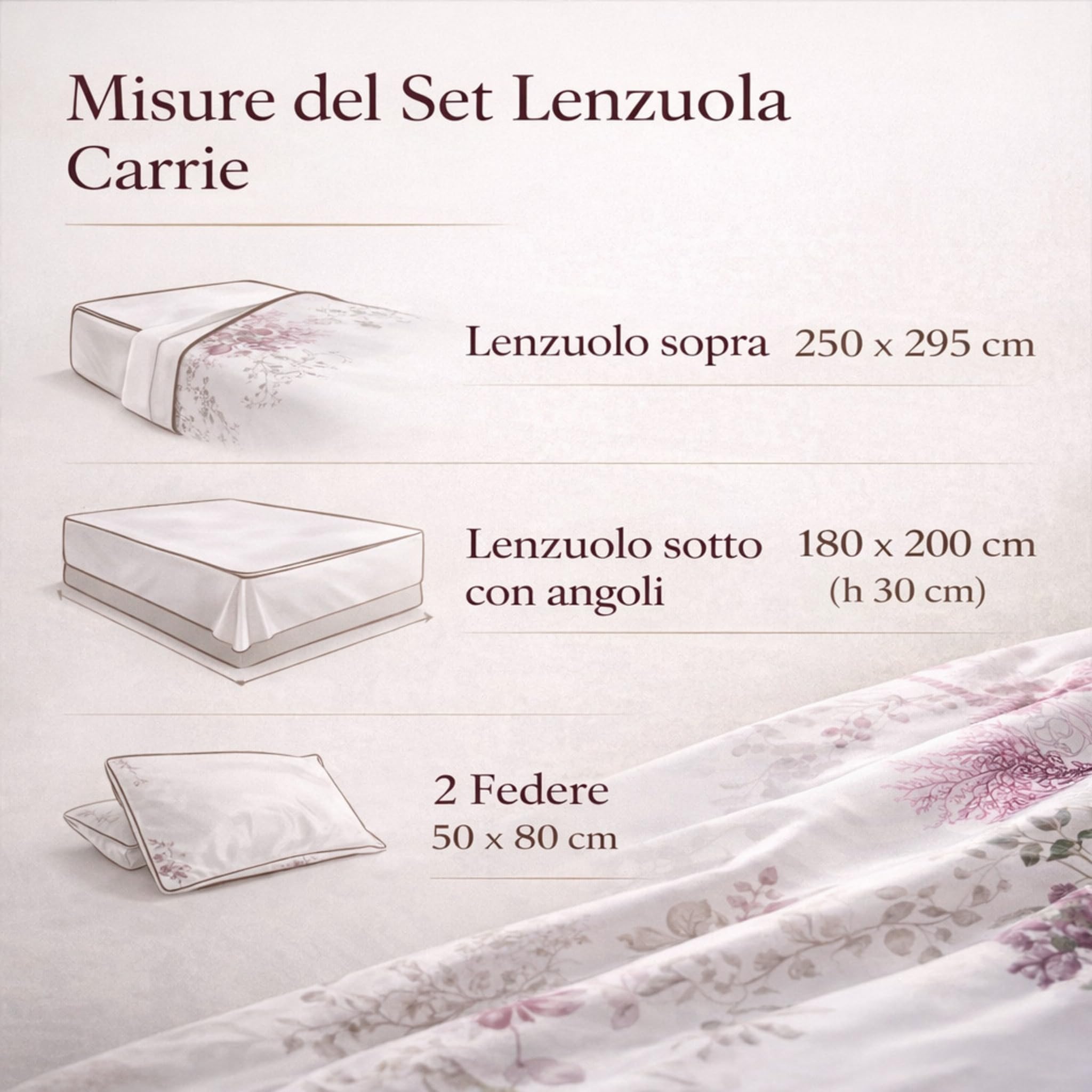 Completo Lenzuola Matrimoniale in Raso di Cotone 300 Fili Galizzi Carrie – Set Letto 250x295 cm con Angoli 180x200 h30 + 2 Federe con Piping – Floreali Made in Italy (Pietra)
