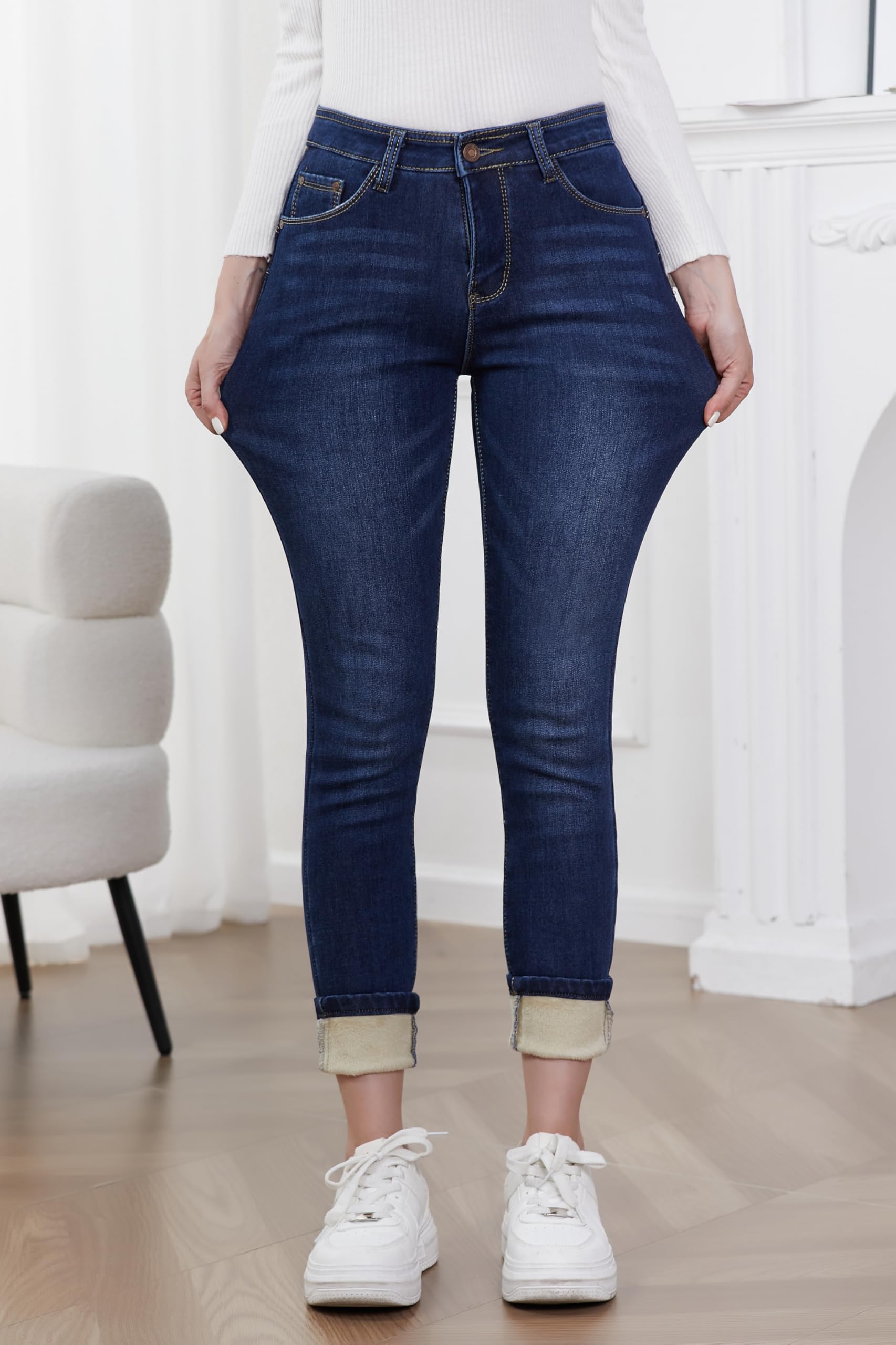 Merlvida Jeans Termici Donna Vita Alta Push Up, Pantaloni Jeans Foderati Invernali, Jeans Aderenti con Interno in Pile, Leggings Felpati in Denim Elasticizzati e Caldi