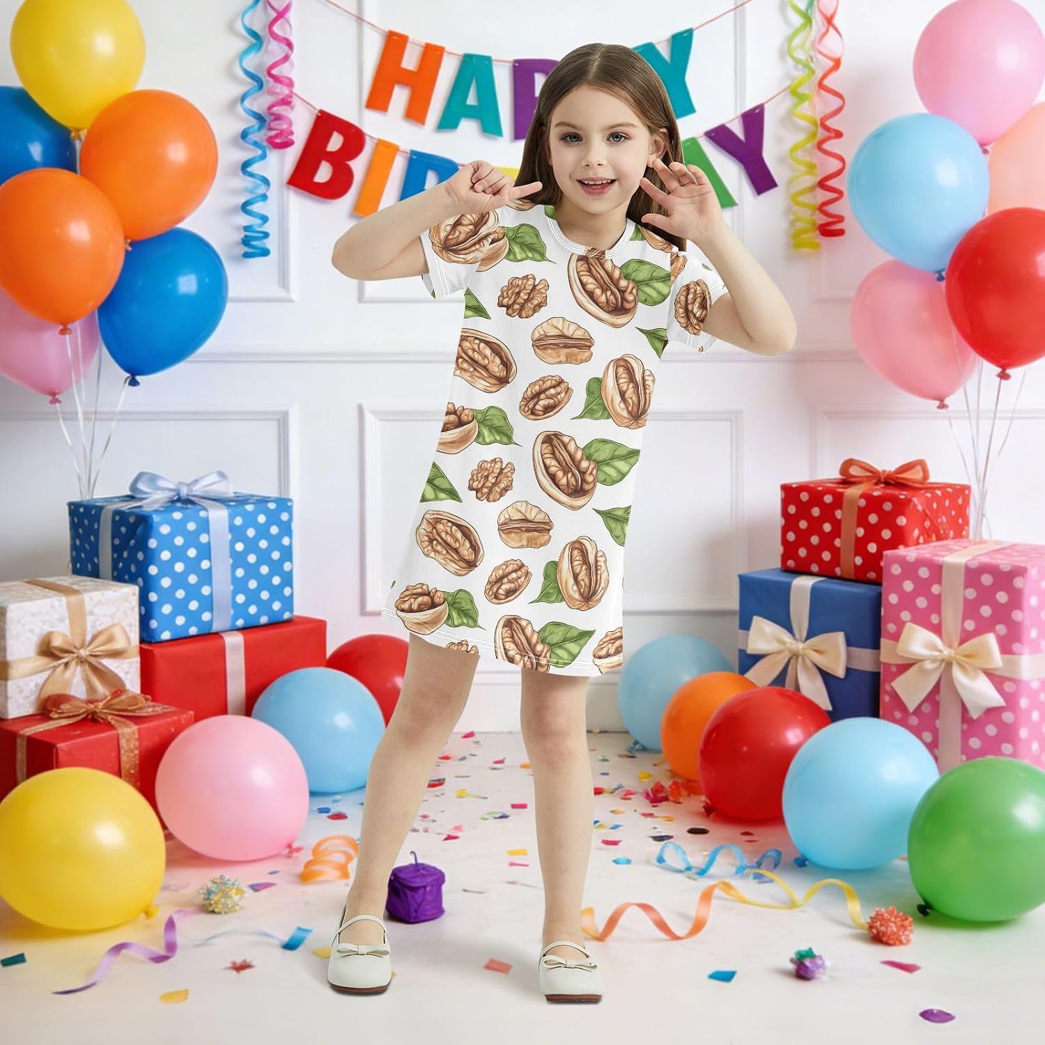 Walnut Kernels Girls Dresses Summer Dresses for Girls with Cotton Short Sleeves for Casual a Line Dress Size 2-8Y