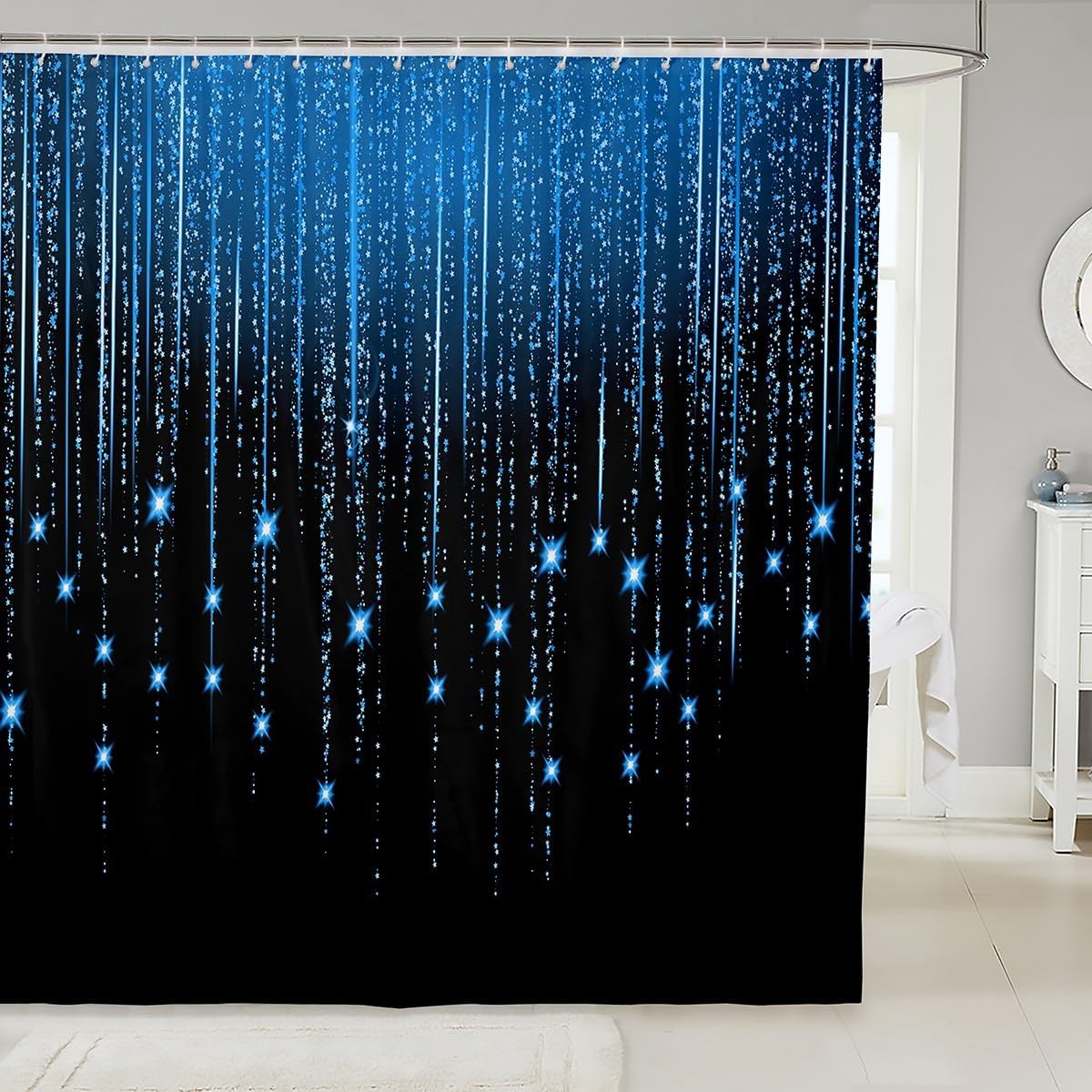 Feelyou Abstract Ombre Shower Curtain Blue Black Teens Bathroom Waterproof Accessories with 12 Hooks for Boys Girls Women Kids Modern Geometric Curtains Glitter Galaxy Stars Decor,72x84 Inches