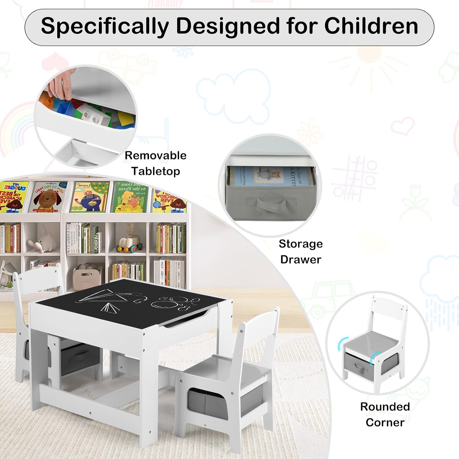 TODEFULL Kids Table and 2 Chairs Set, 2 in 1 Detachable Tabletop, Storage Space W/Storage Drawers, 3 in 1 Wooden Activity Play Table Set for Toddlers Arts, Crafts, Drawing, Reading, Gray
