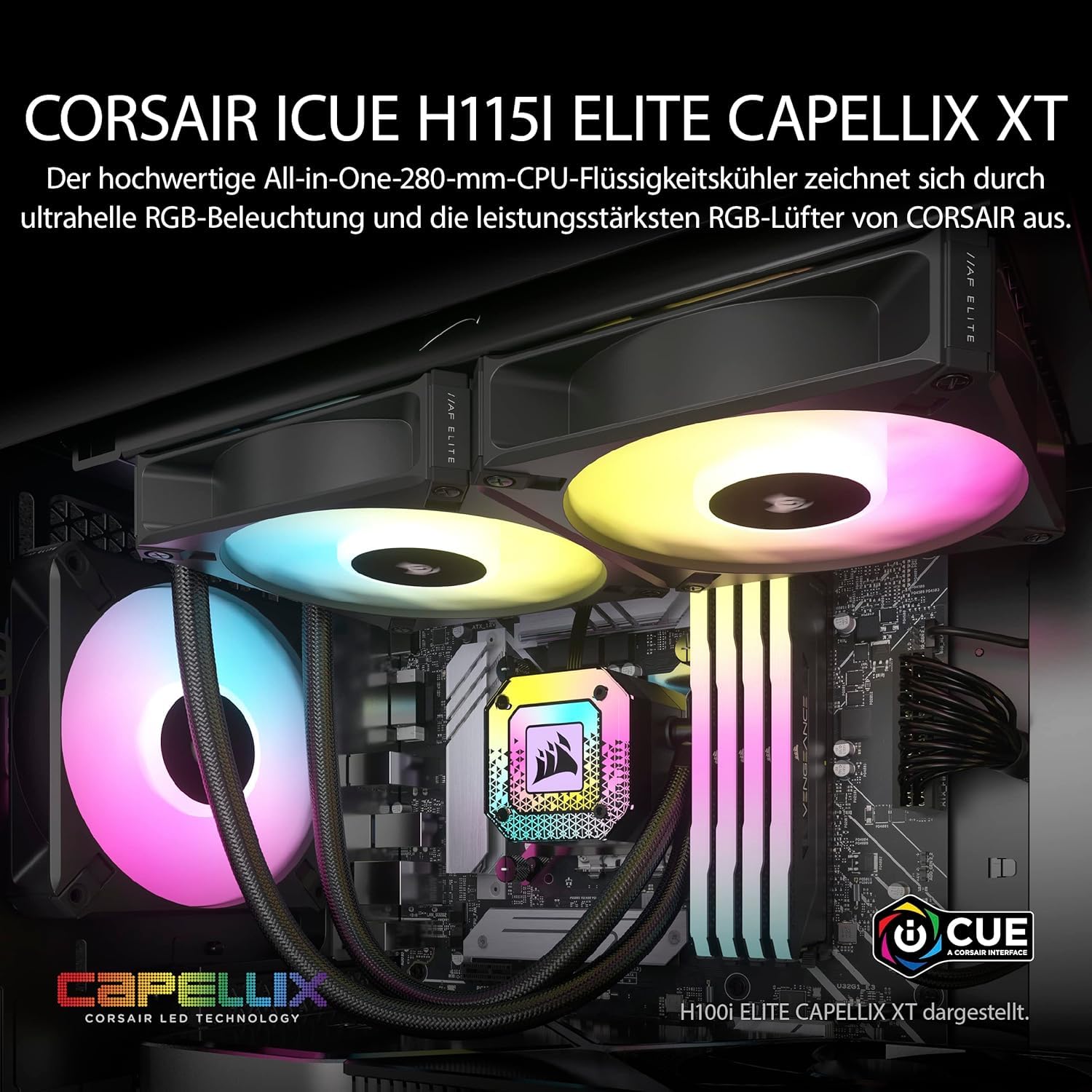 Corsair iCUE H115i ELITE CAPELLIX XT Kühlflüssigkeitsträger - 280 mm Radiator mit 2 Elite AF140 RGB Fan - Intel LGA 1700, 1200, 115X, 2066, AMD AM5, AM4 - inkl. iCUE COMMANDER CORE - Black - Dettaglio