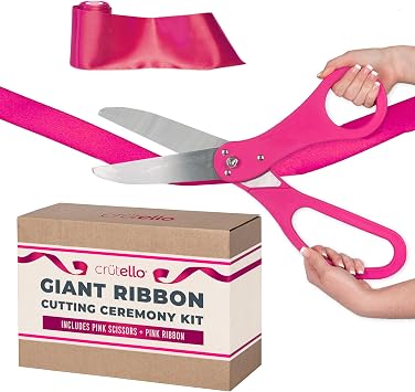 Crutello Giant Ribbon Cutting Ceremony Kit 20"Grand Opening Scissors Set with Sharp, Pink Handled Durable XL Scissors, and 30 Feet of Oversized 4"Wide Pink Ribbon