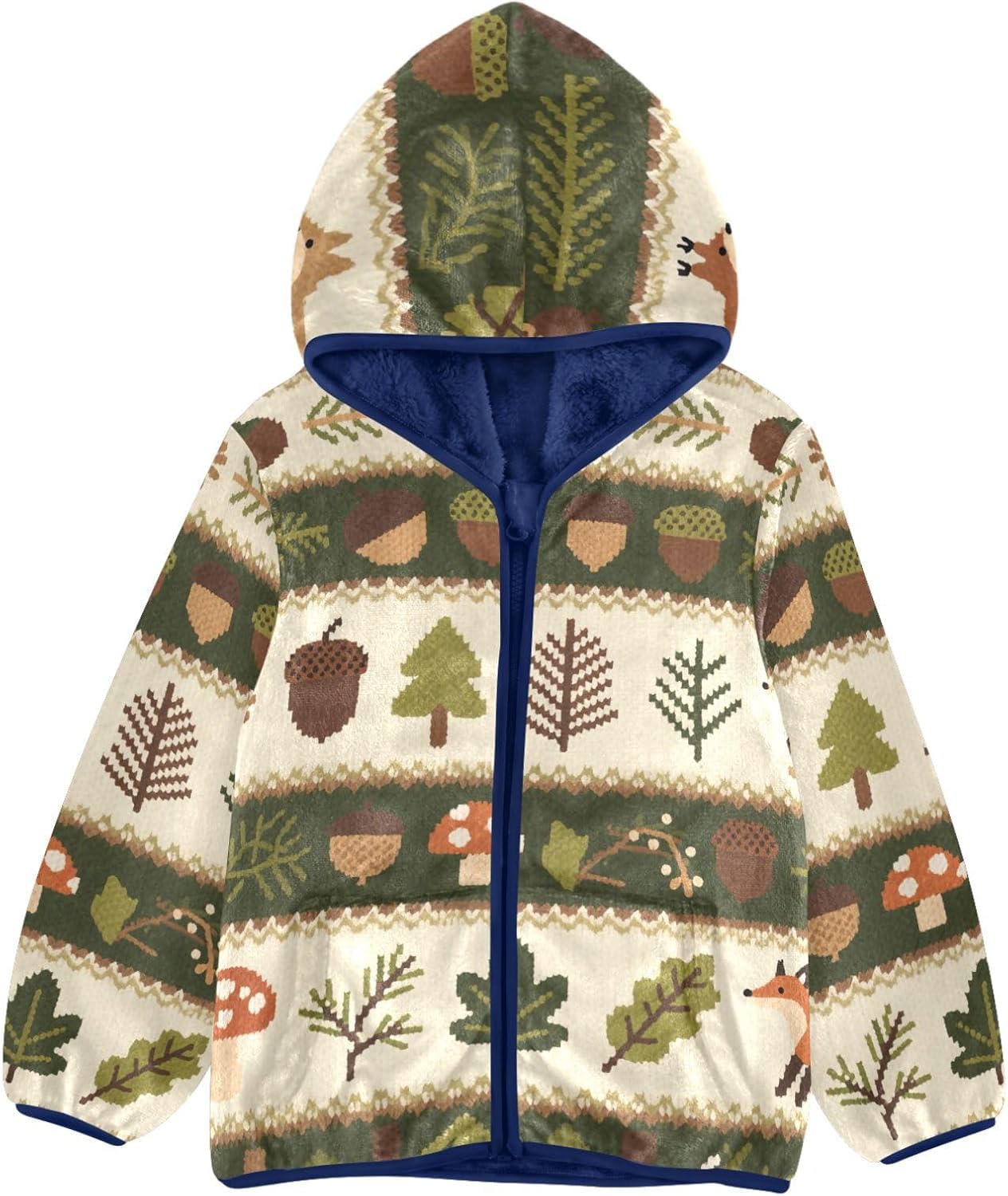 Safari Fox Green Brown Toddler Fleece Zip Up Boys Winter Coats Plush Lined Navy Blue Trendy Baby Boys Clothes