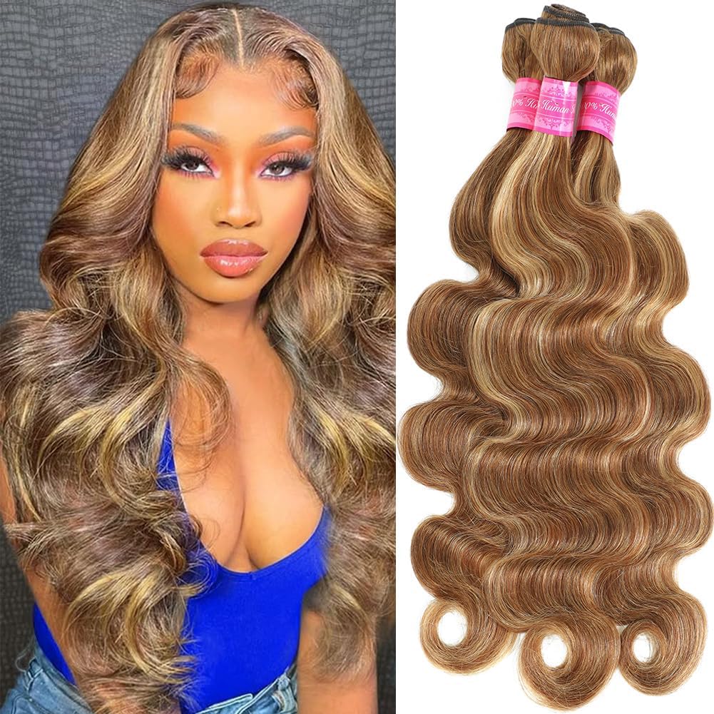 Honey Blonde Highlight Body Wave Bundles with 5x5 Closure 100% Unprocessed Brazilian Ombre Body Wave Human Hair 3 Bundles with 5x5 Transparent Swiss Free Part Lace Closure