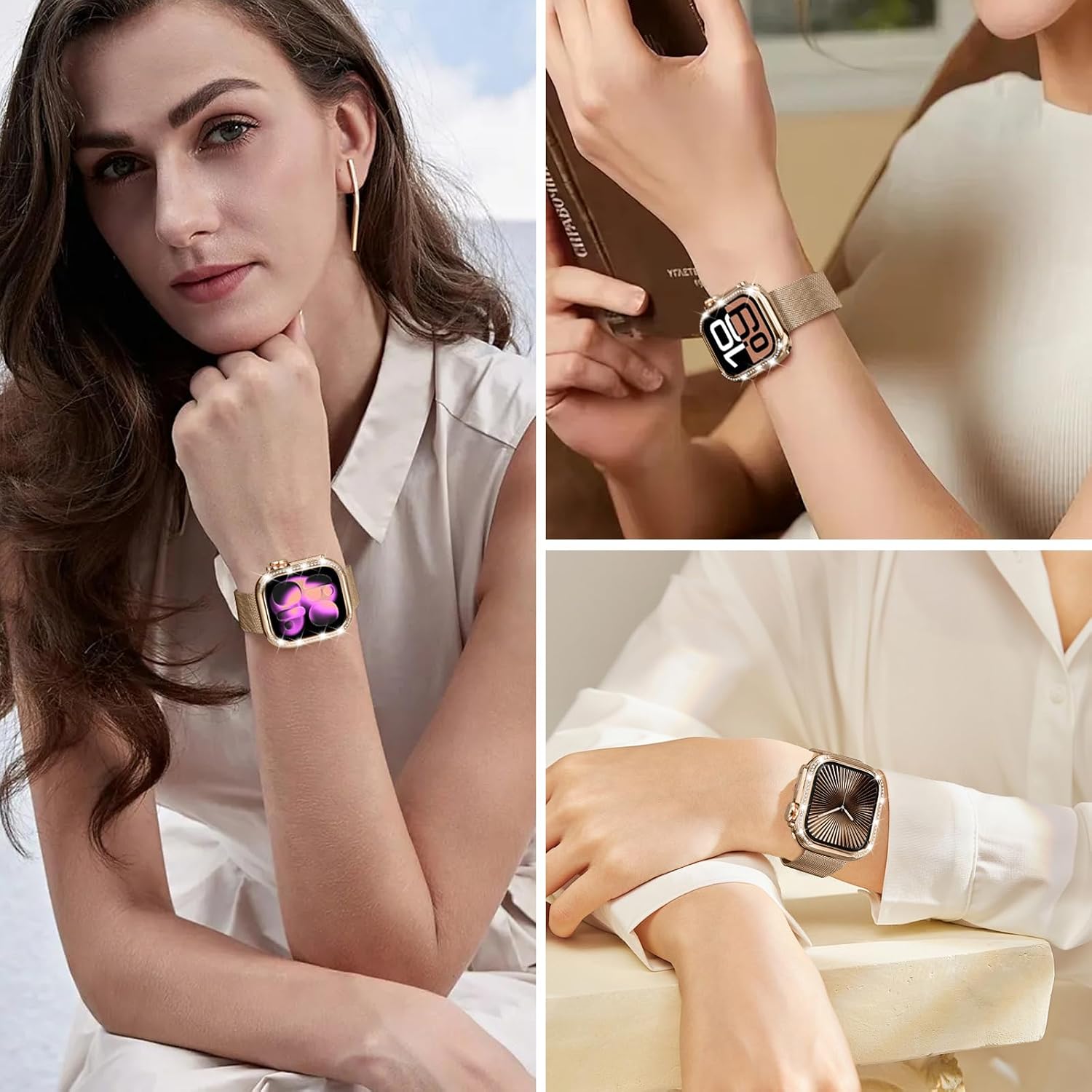 Amizee 2 in 1 Metal Bling Case Compatible with Apple Watch Series 11/10 46mm for Women, Glitter Diamond Protective Metal Bumper Protector Cover for iWatch 46mm, Rose Gold/White