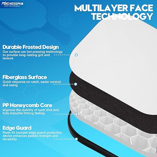 Miniatura 2 de Pickleball Paddles Set of 4 Frosted Fiberglass Rackets Honeycomb Core Pickleball Set with 4 Pickleball Paddles+ 4 Pickleball Balls+ 1 Bag+ 4