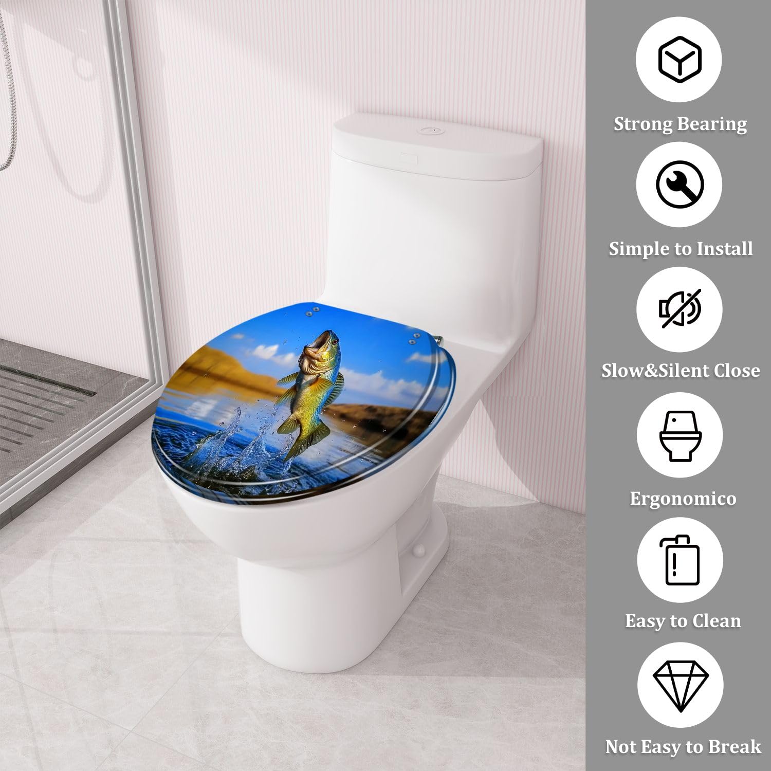 Asiento de inodoro con cierre silencioso para uso en el baño.