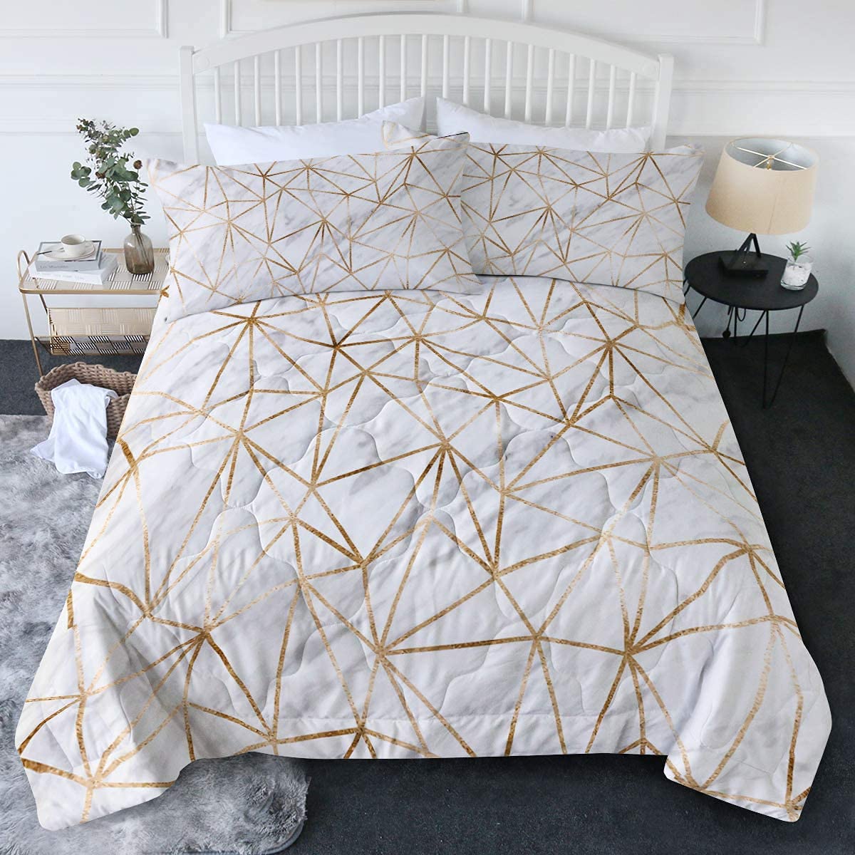 BlessLiving 3D Marble Gold Comforter with 2 Pillow Shams White Marble Geometric Triangle Bedding Set for Kids Teen Adult (3 Piece, Twin/Twin XL)
