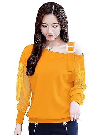 LONDON BELLY Women's Regular Fit Solid Full Sleeves One Side Off-Shoulder Tunic Top