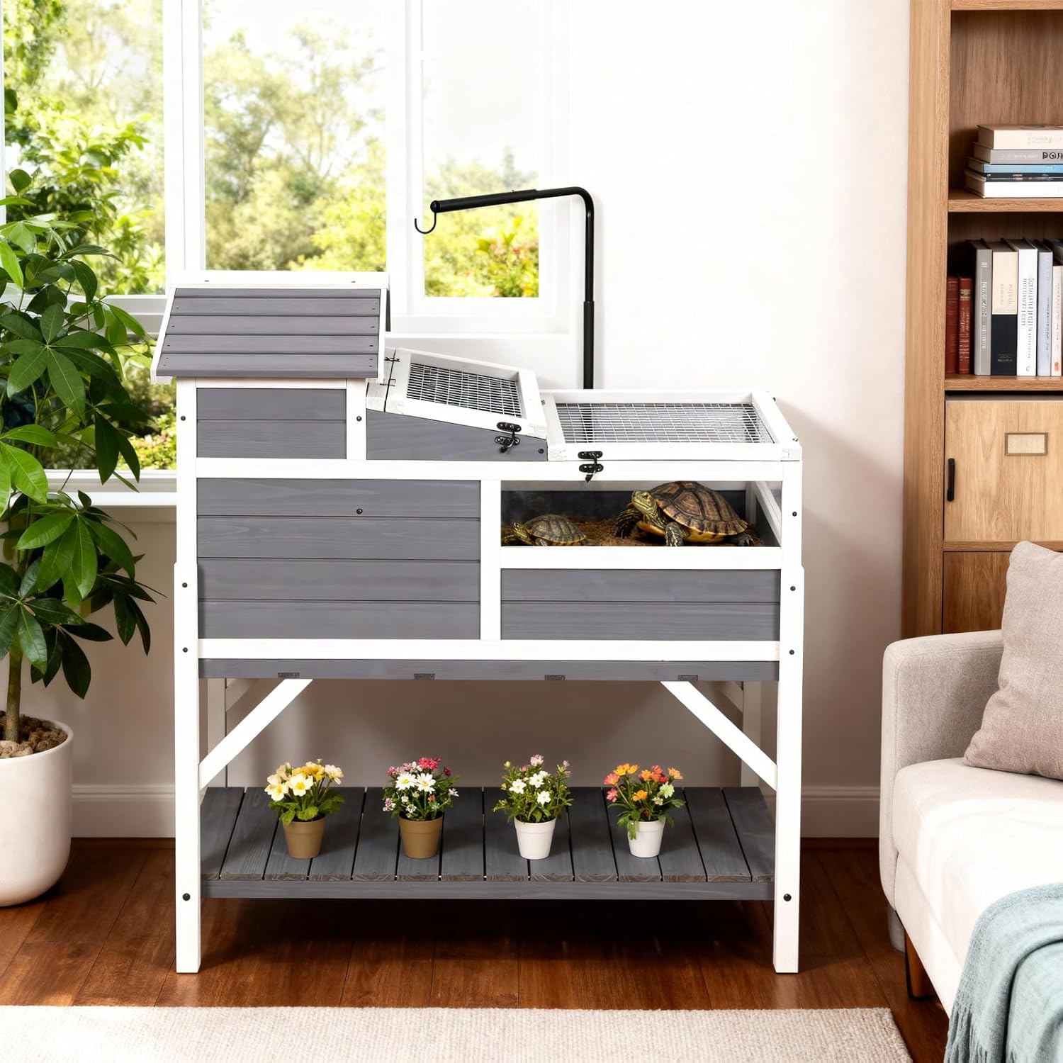 GEGURI Tortoise Habitat House Indoor Outdoor, 3-Room Wooden Turtle Enclosure Reptile Cage with Shelf Storage, Balcony & 2 Stories for Small Animals