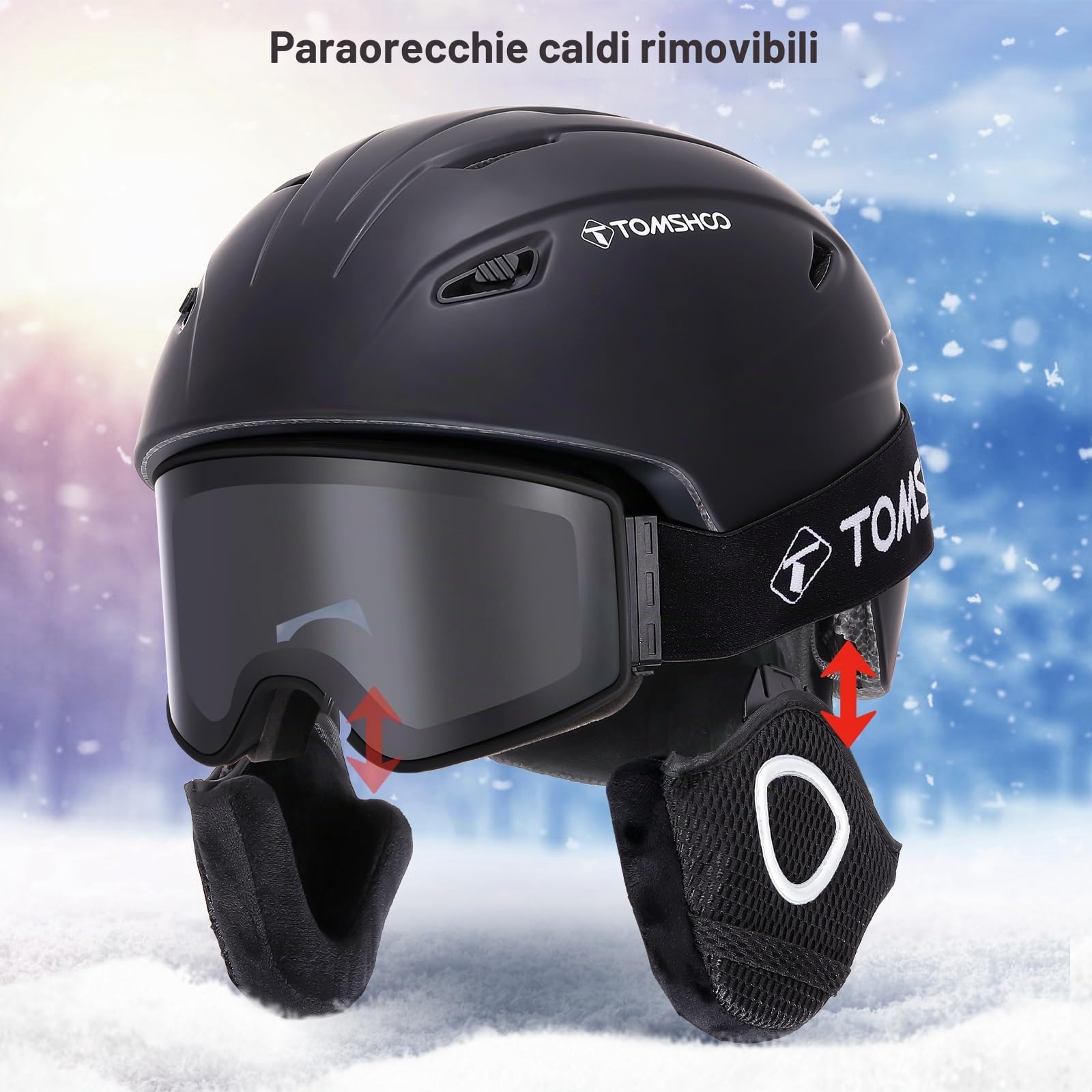 TOMSHOO Set di Casco da Sci, Snowboard, con Occhiali da Sci, para Orecchie, Aperture di Ventilazione, Fodera Rimovibile, Regolabile Casco da Snowboard e Goggle, per Uomo e Donna Unisex